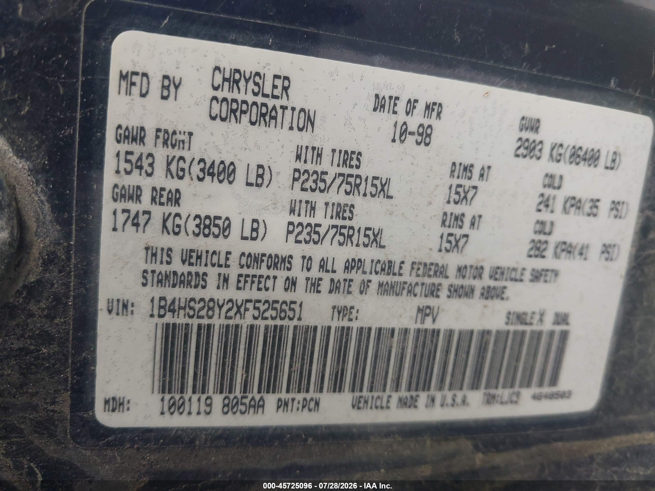 1999 Dodge Durango   Purple vin: 1B4HS28Y2XF525651