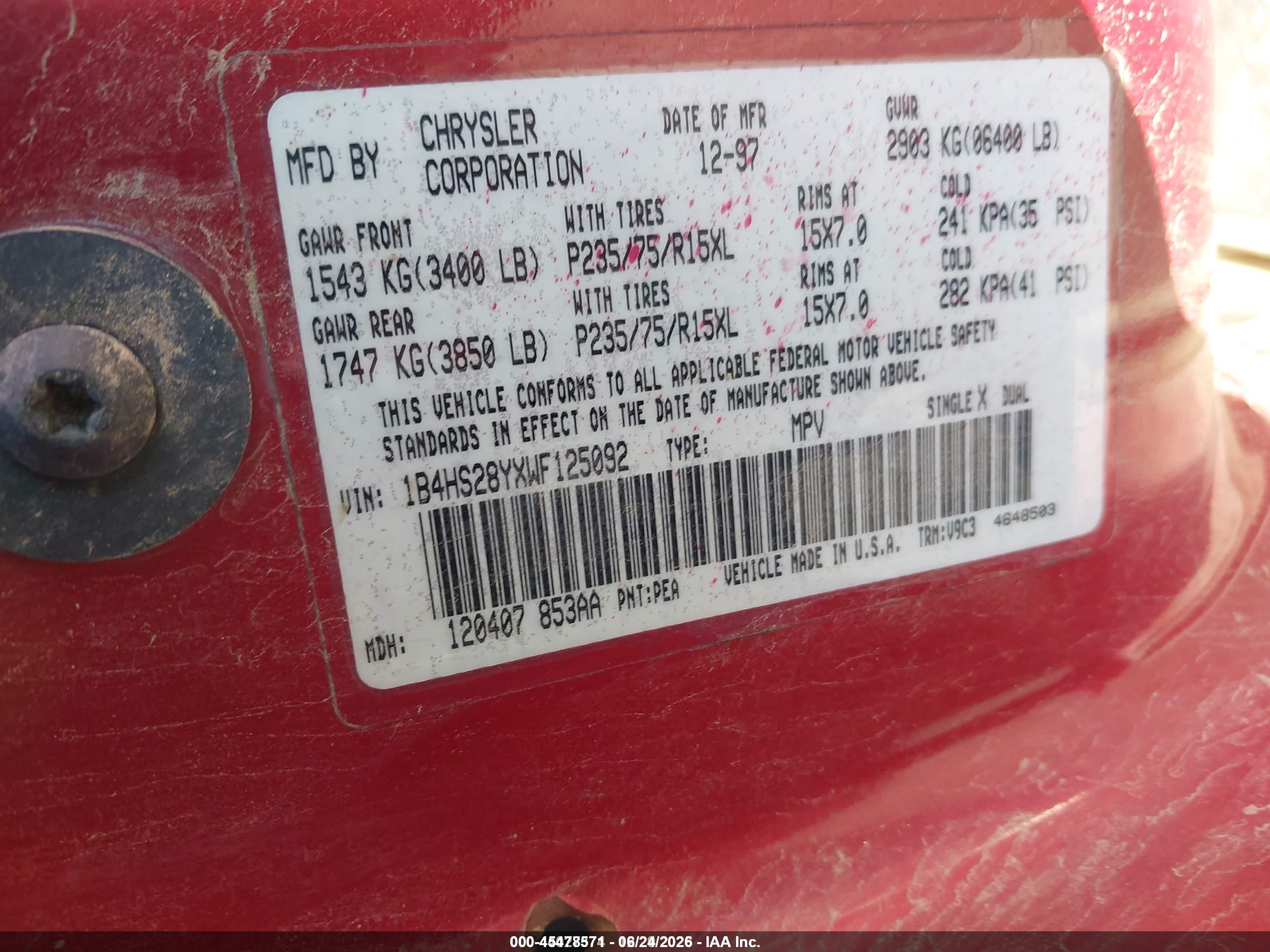 1998 Dodge Durango Slt Red vin: 1B4HS28YXWF125092