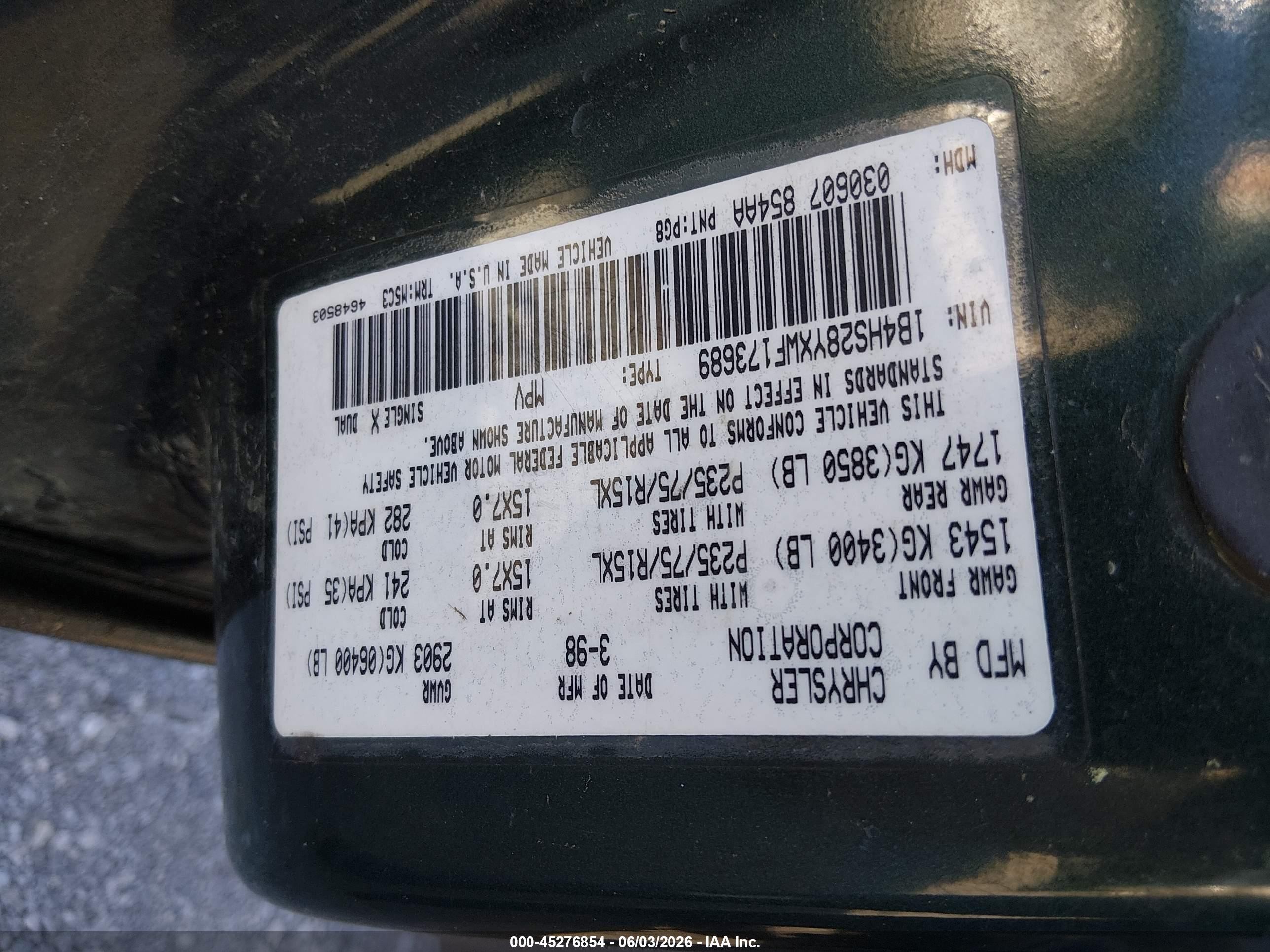 1998 Dodge Durango Slt Green vin: 1B4HS28YXWF173689