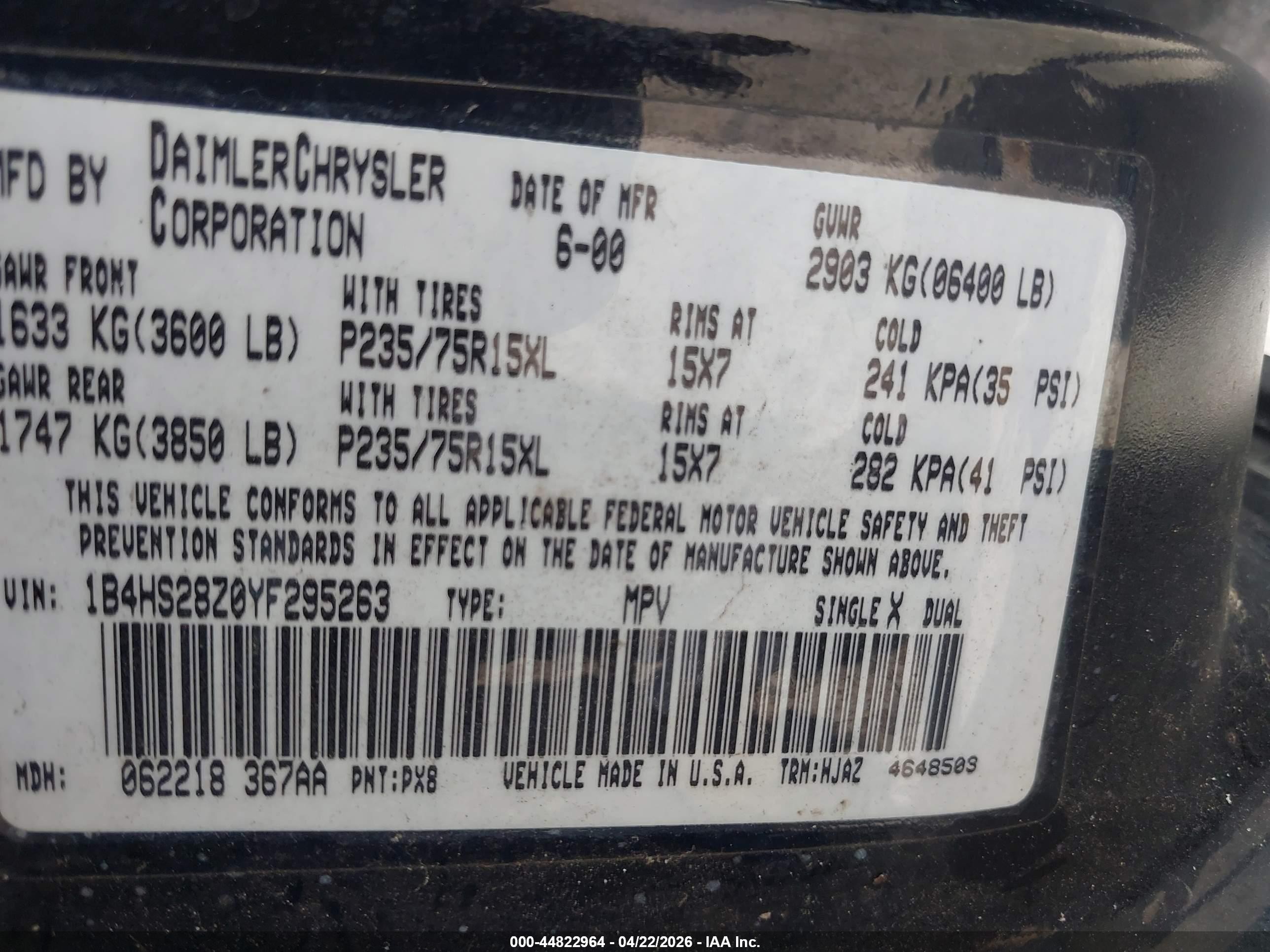 2000 Dodge Durango   Black vin: 1B4HS28Z0YF295263