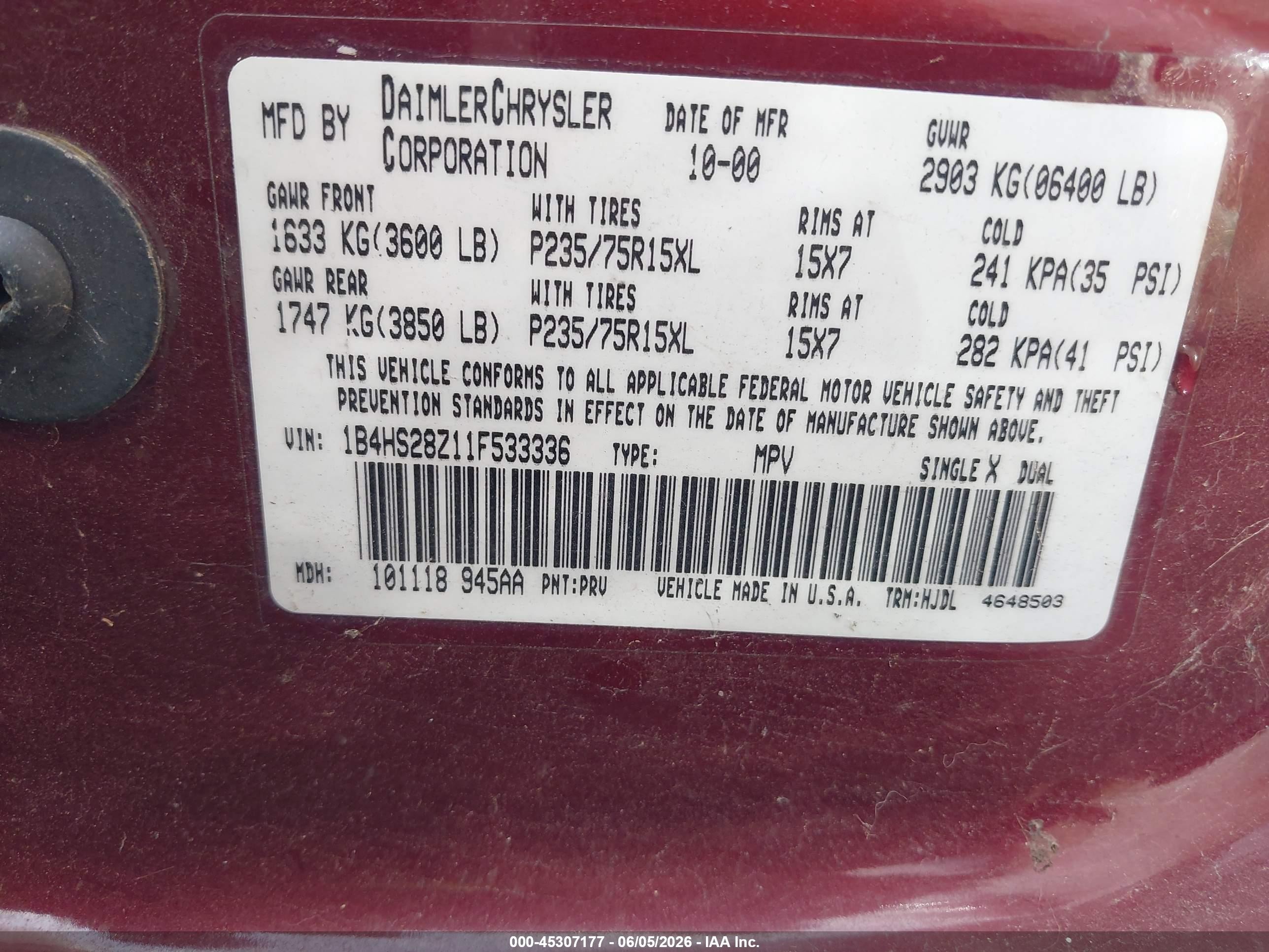 2001 Dodge Durango Slt Maroon vin: 1B4HS28Z11F533336