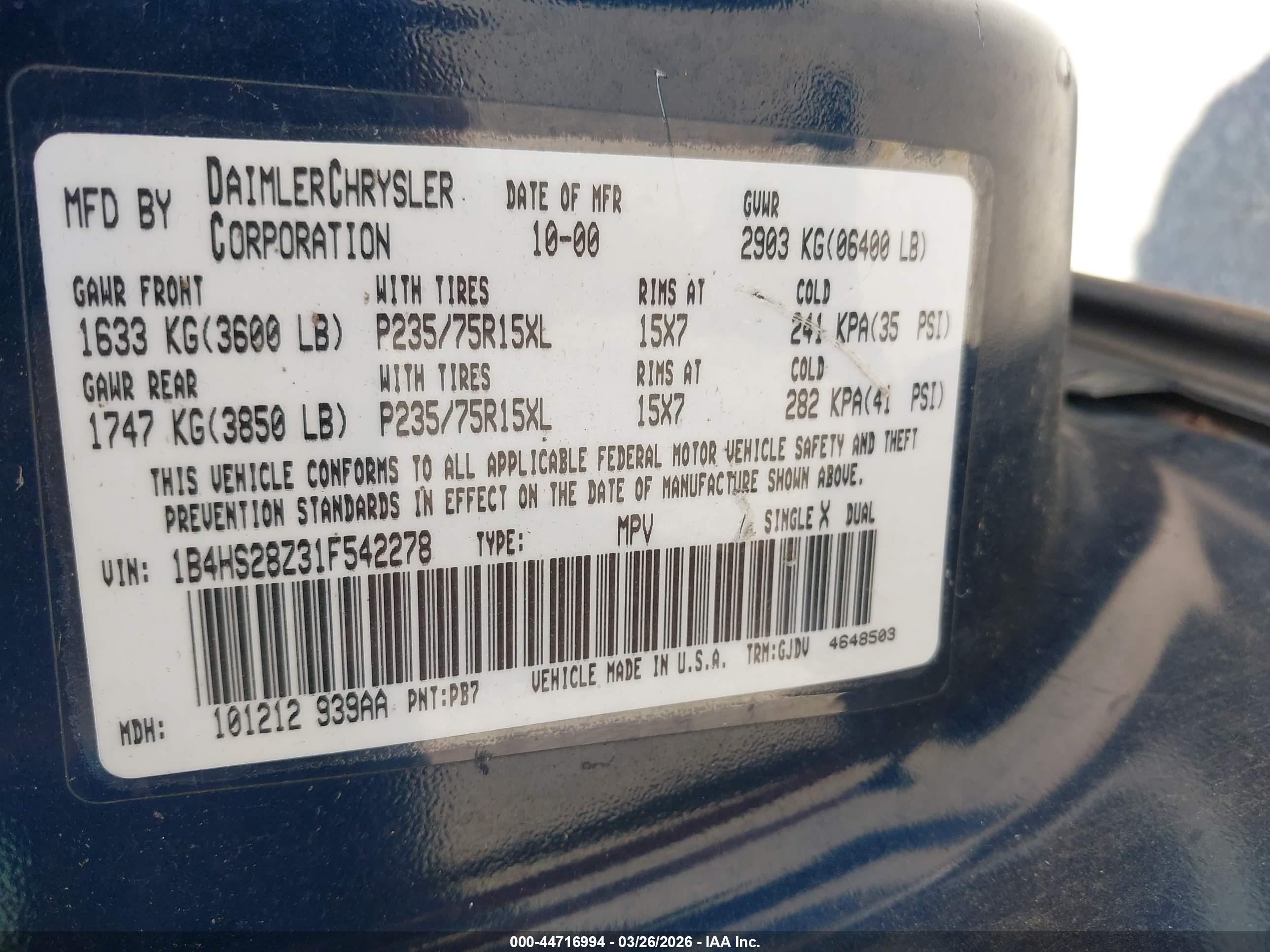 2001 Dodge Durango Slt Blue vin: 1B4HS28Z31F542278