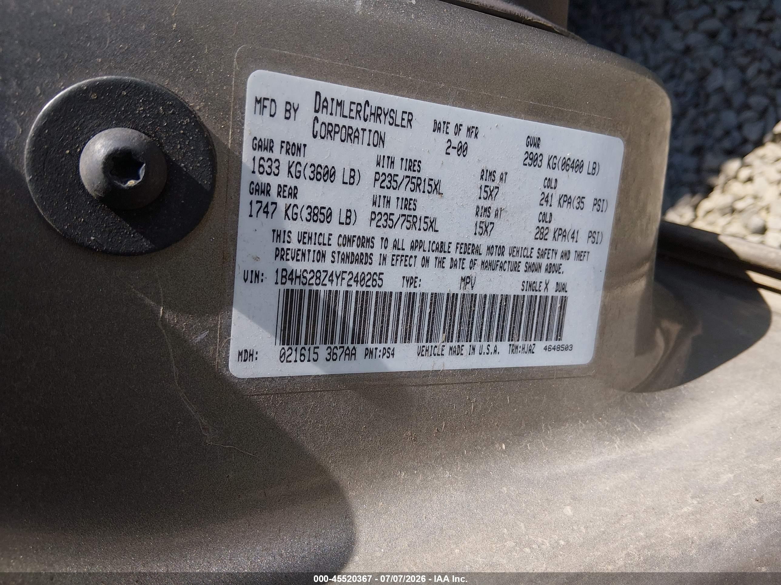 2000 Dodge Durango   Gray vin: 1B4HS28Z4YF240265
