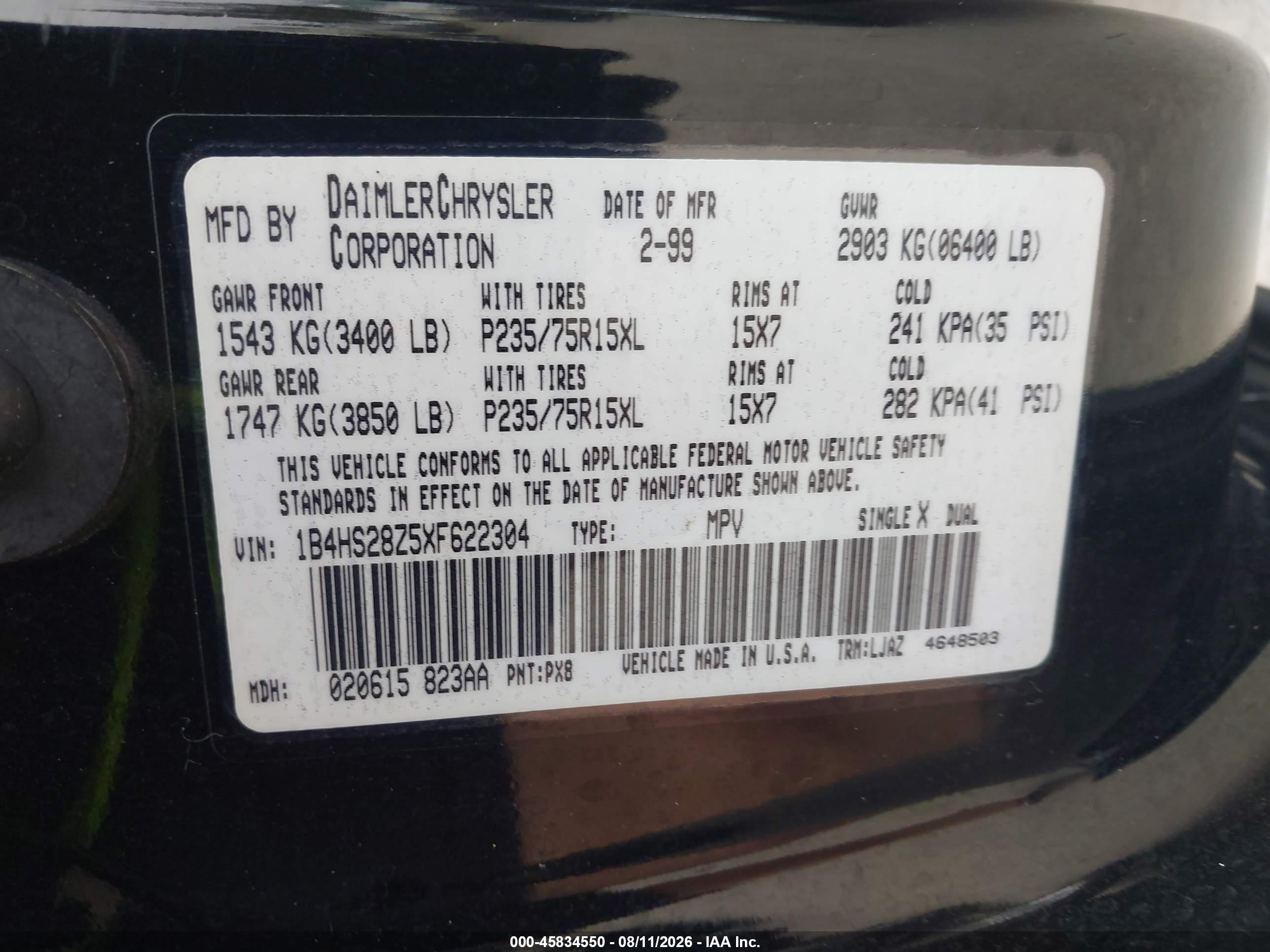 1999 Dodge Durango   Black vin: 1B4HS28Z5XF622304