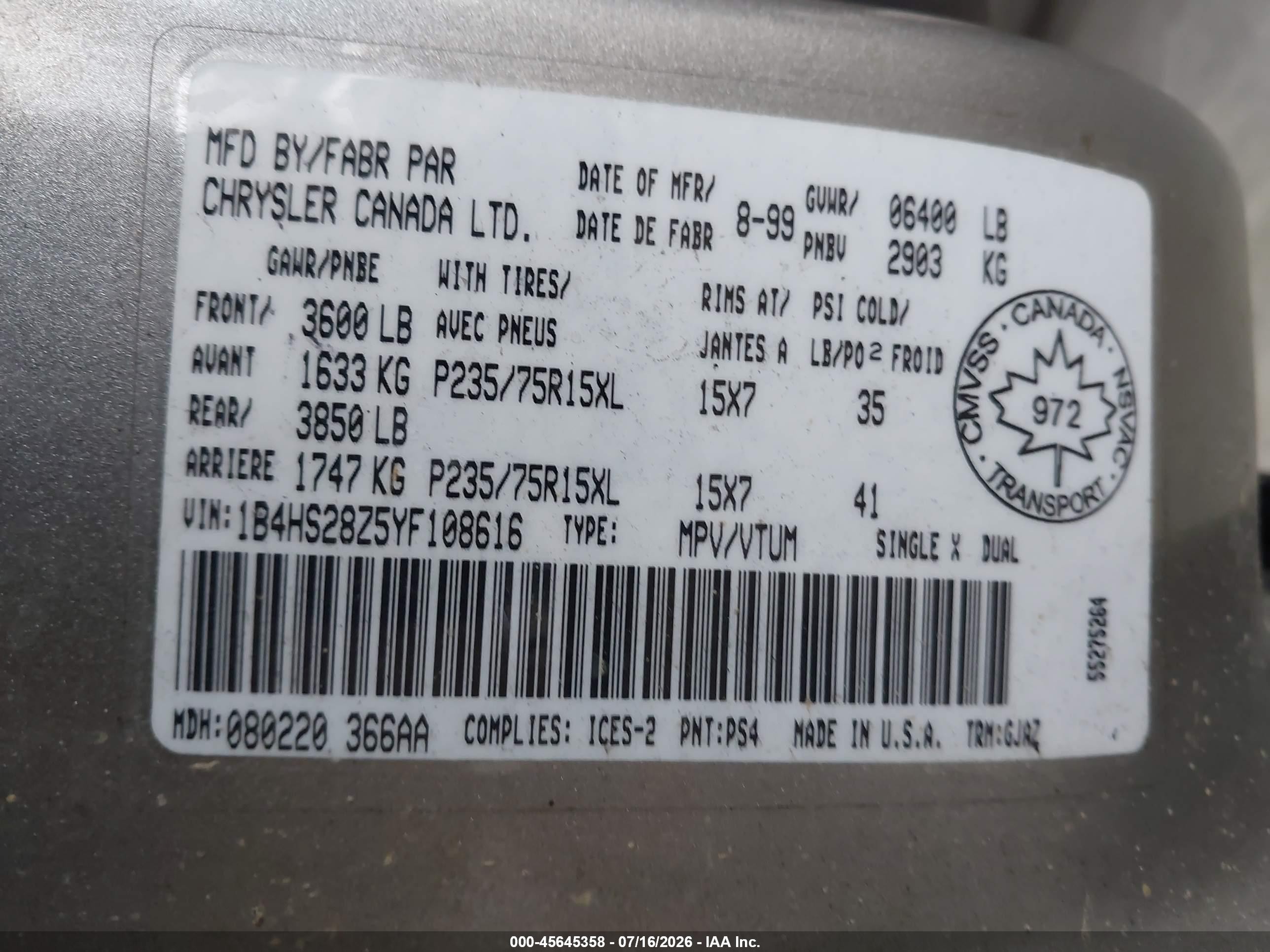 2000 Dodge Durango   Tan vin: 1B4HS28Z5YF108616