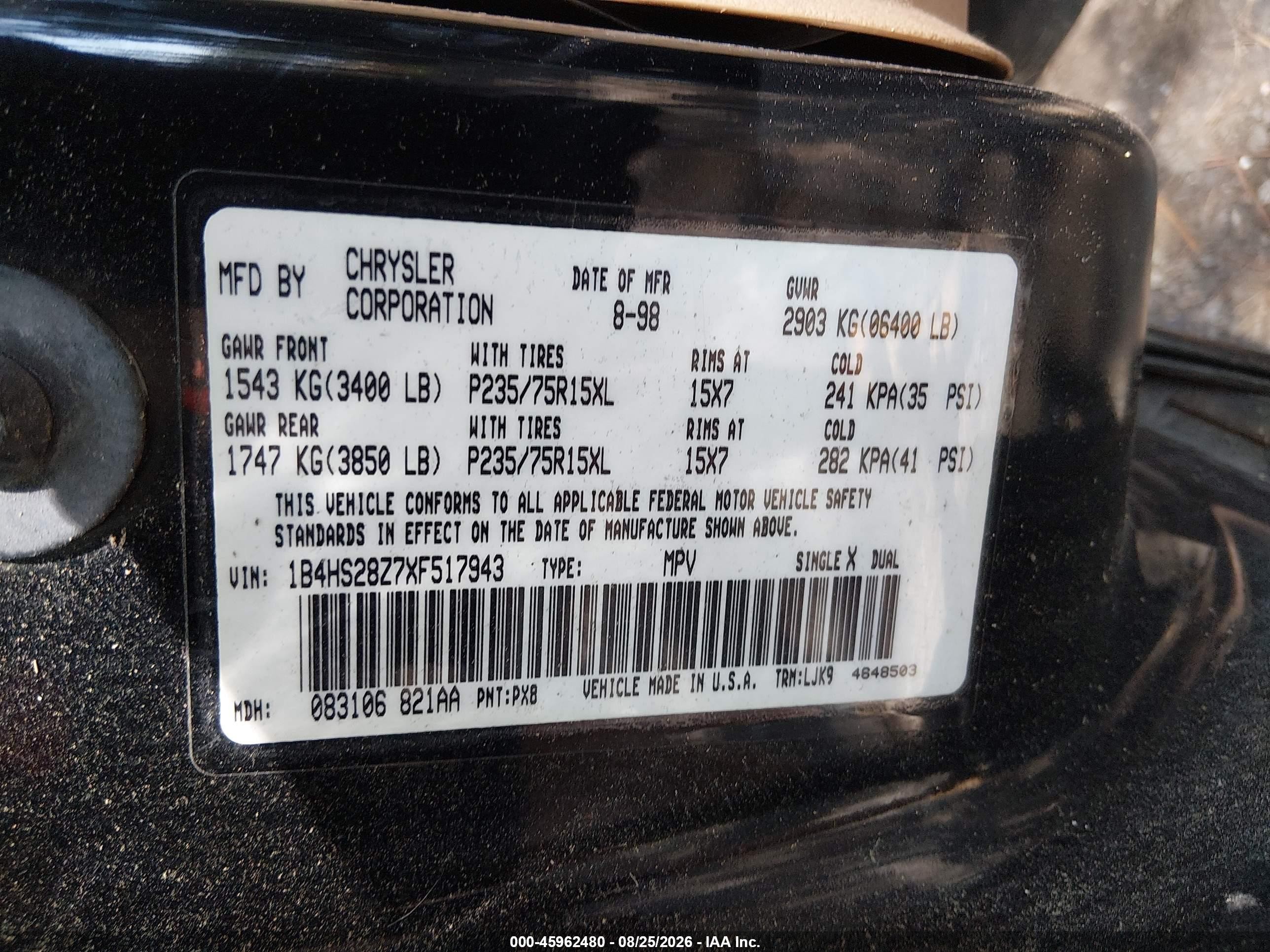 1999 Dodge Durango   Black vin: 1B4HS28Z7XF517943
