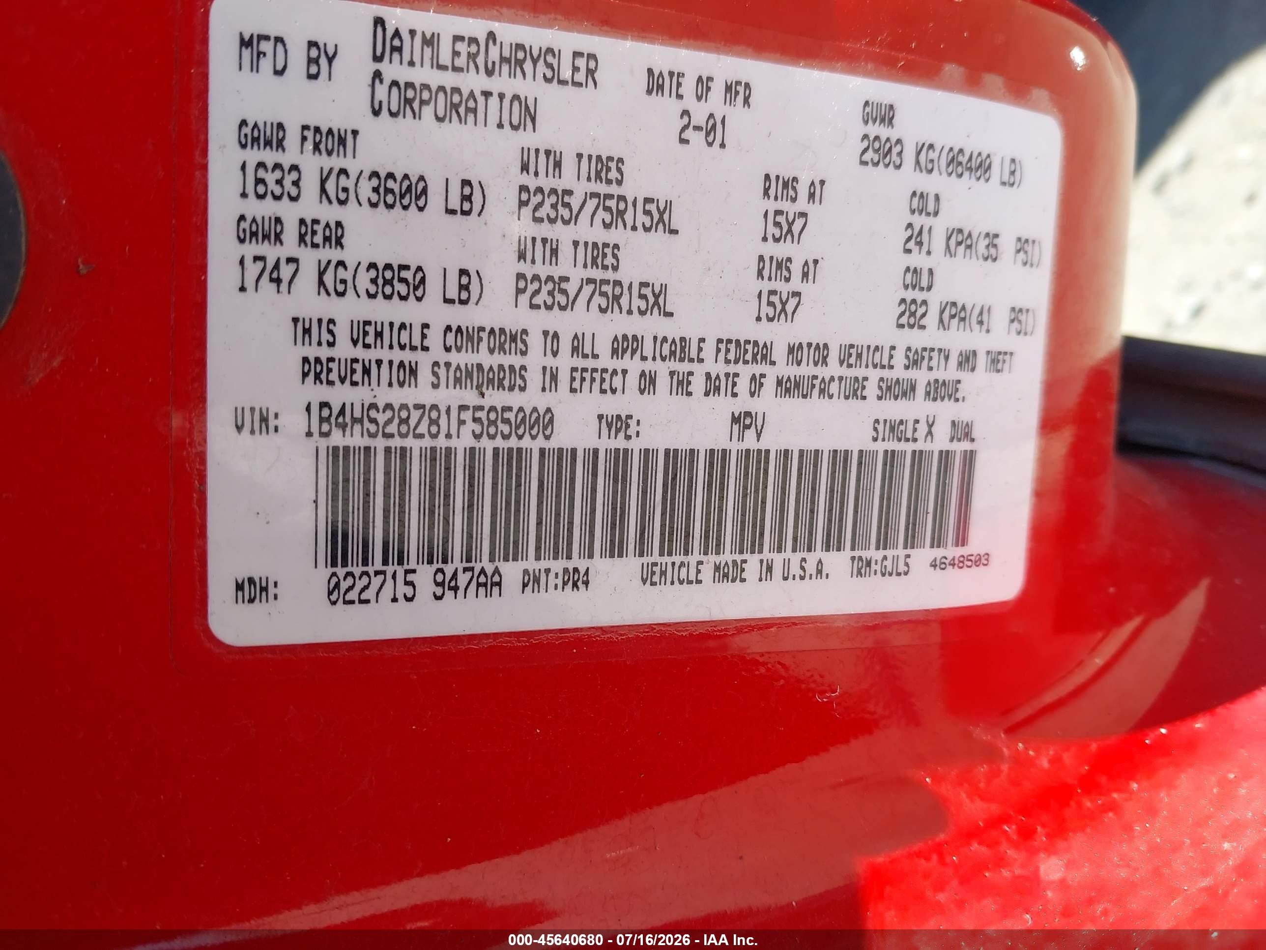 2001 Dodge Durango Slt Red vin: 1B4HS28Z81F585000