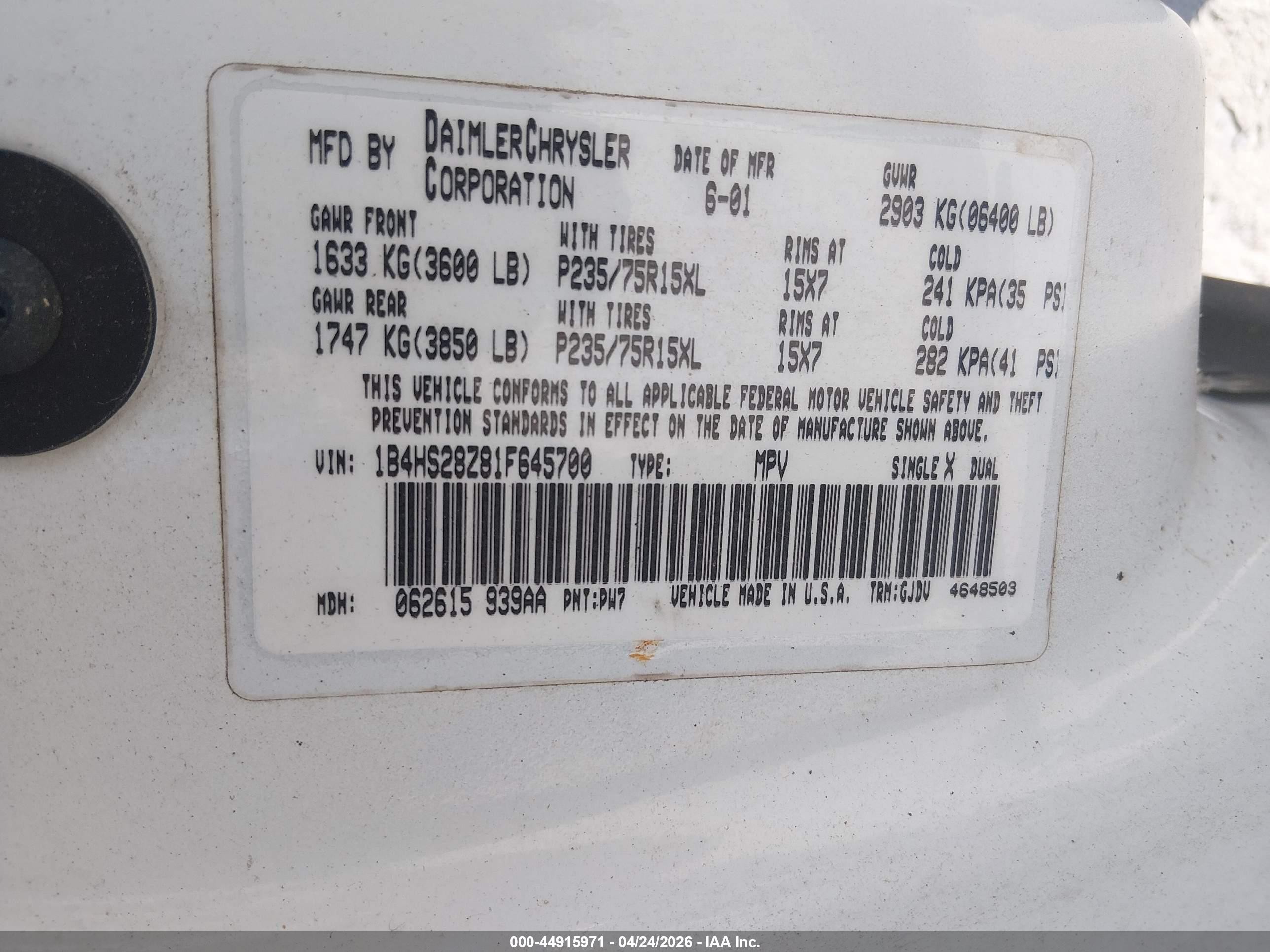 2001 Dodge Durango Slt Белый vin: 1B4HS28Z81F645700