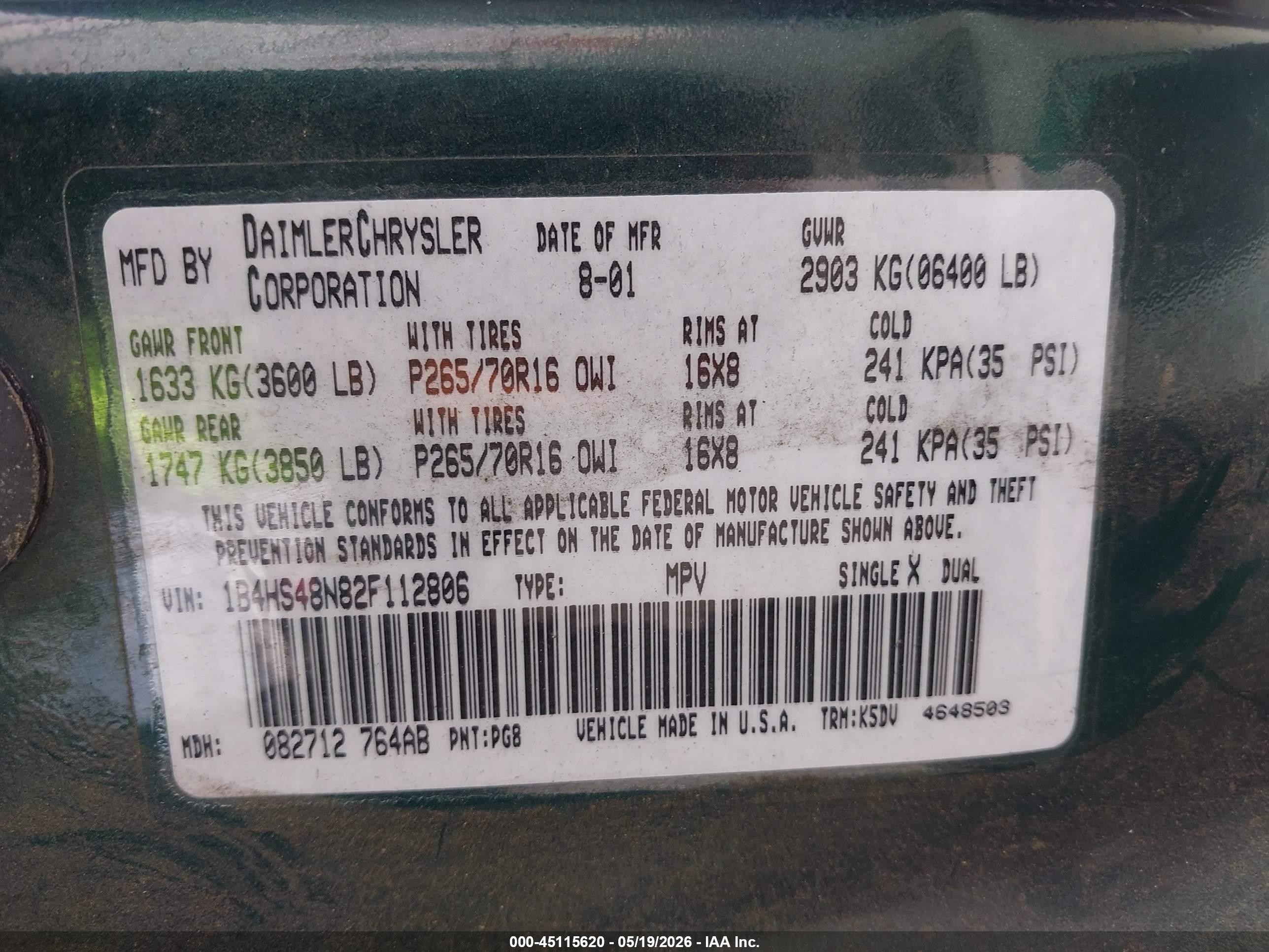 2002 Dodge Durango Slt Green vin: 1B4HS48N82F112806