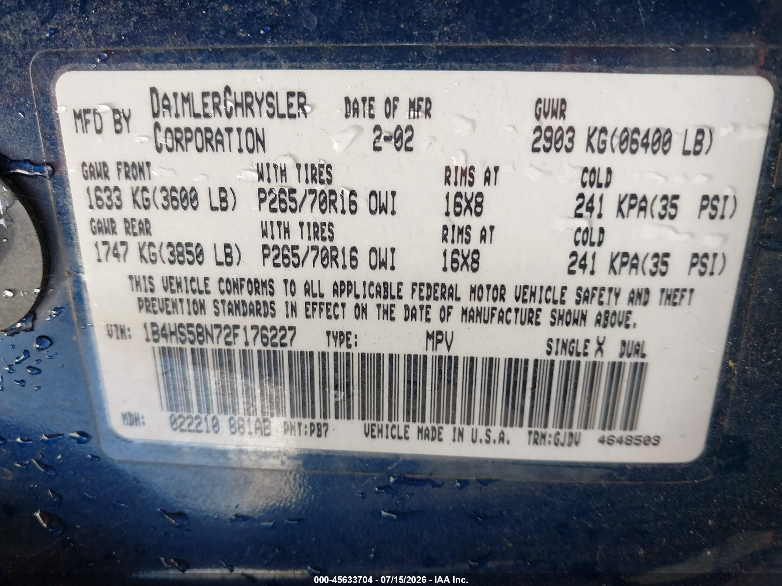 2002 Dodge Durango Slt Plus Dark Blue vin: 1B4HS58N72F176227