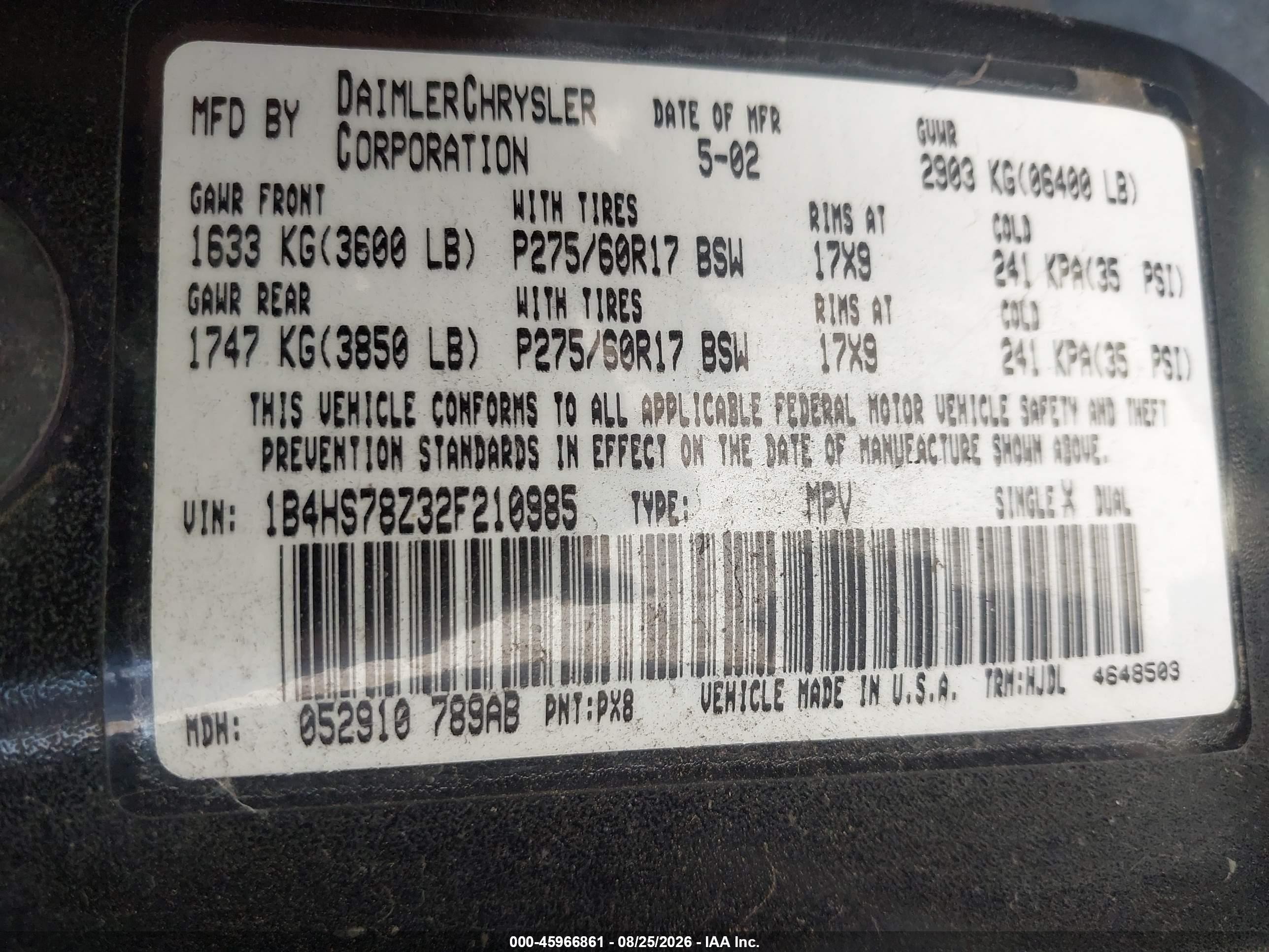 2002 Dodge Durango R/t Black vin: 1B4HS78Z32F210985