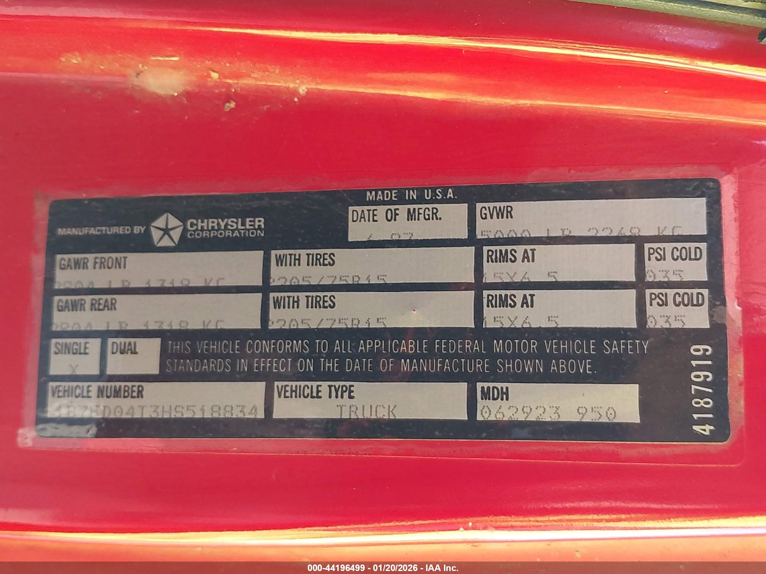 1987 Dodge D-series D100 Red vin: 1B7FD04T3HS518834