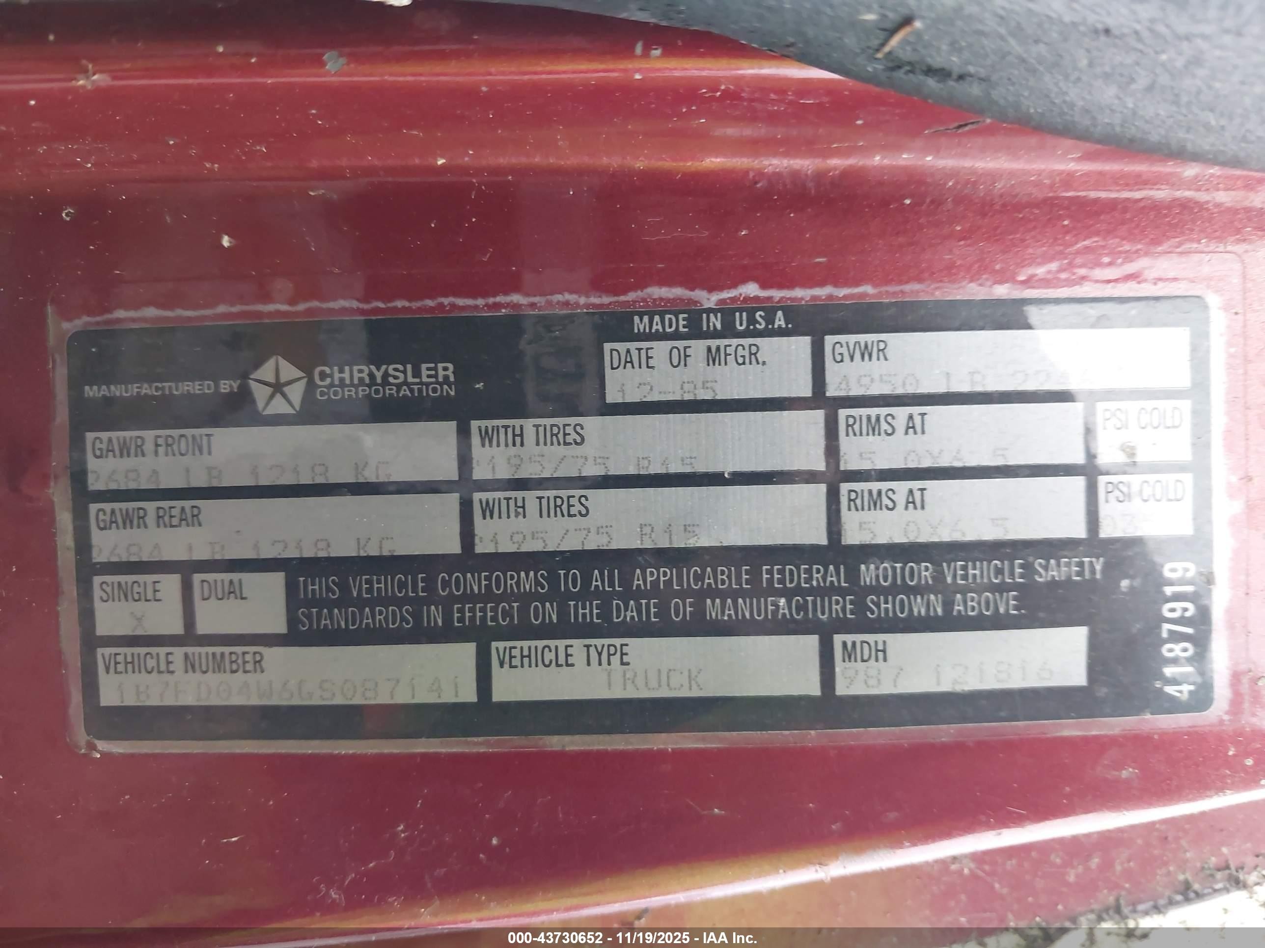 1986 Dodge D-series D100 Burgundy vin: 1B7FD04W6GS087141