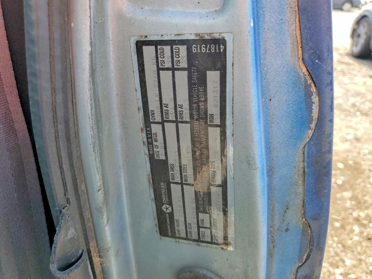 1987 Dodge D-series D150 Blue vin: 1B7FD14H2HS437745