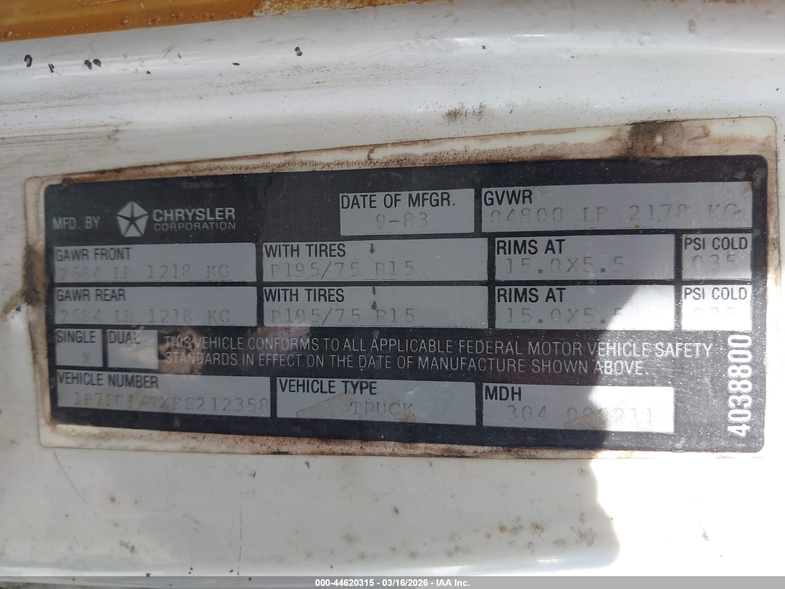 1984 Dodge D-series D150 White vin: 1B7FD14TXES212358