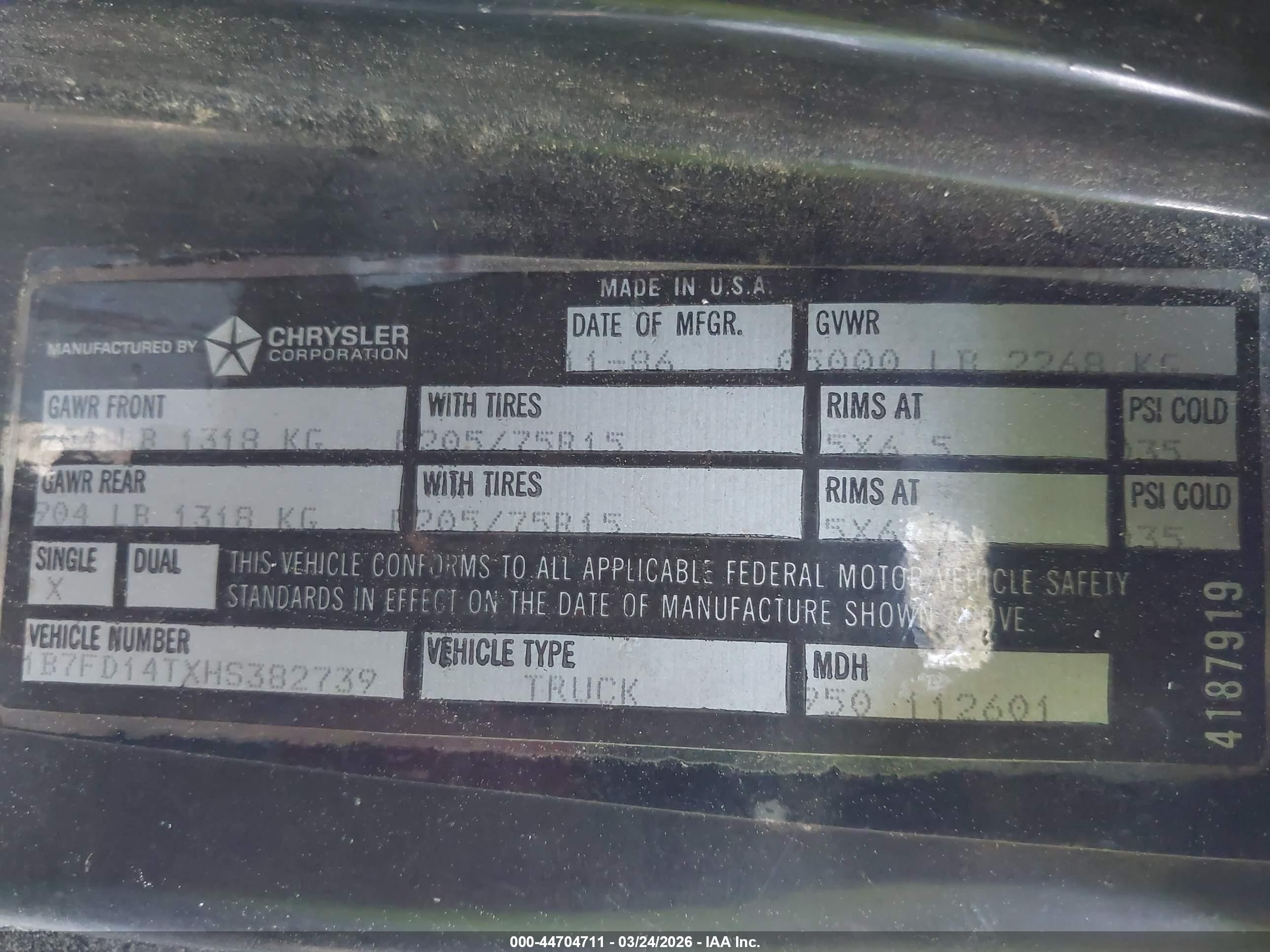 1987 Dodge D-series D150 Black vin: 1B7FD14TXHS382739