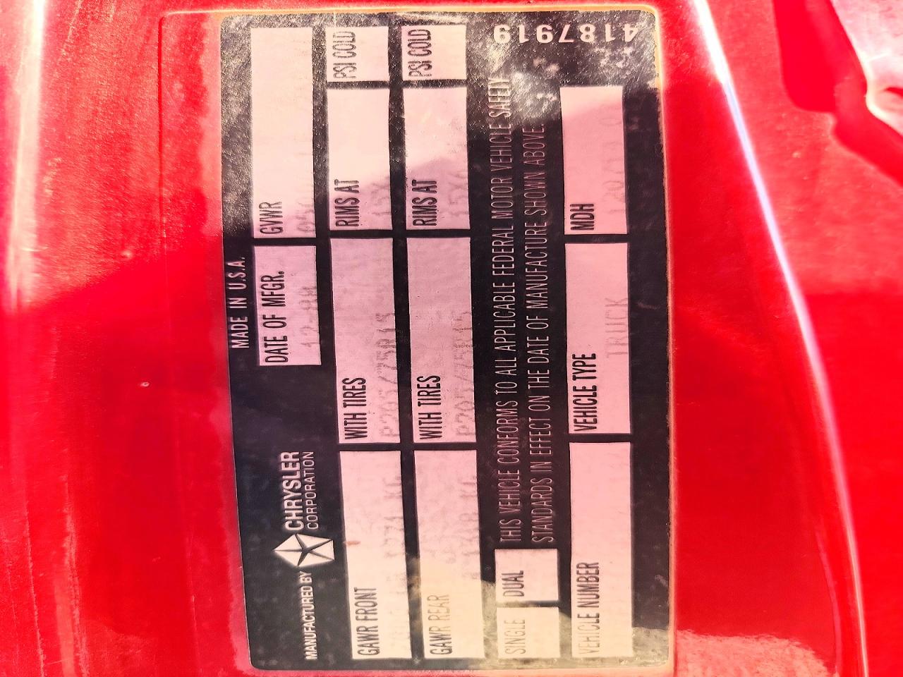 1989 Dodge D-series D100 Red vin: 1B7FE06X6KS086146