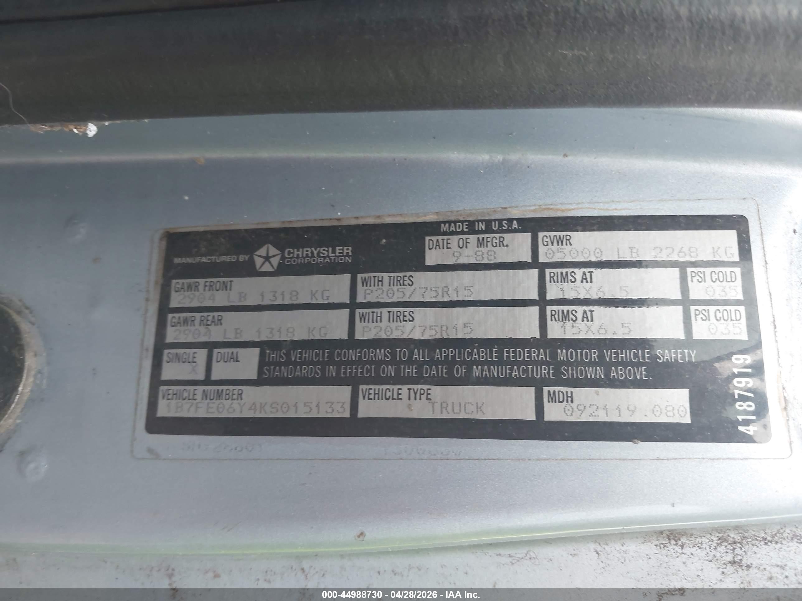 1989 Dodge D-series D100 Light Blue vin: 1B7FE06Y4KS015133