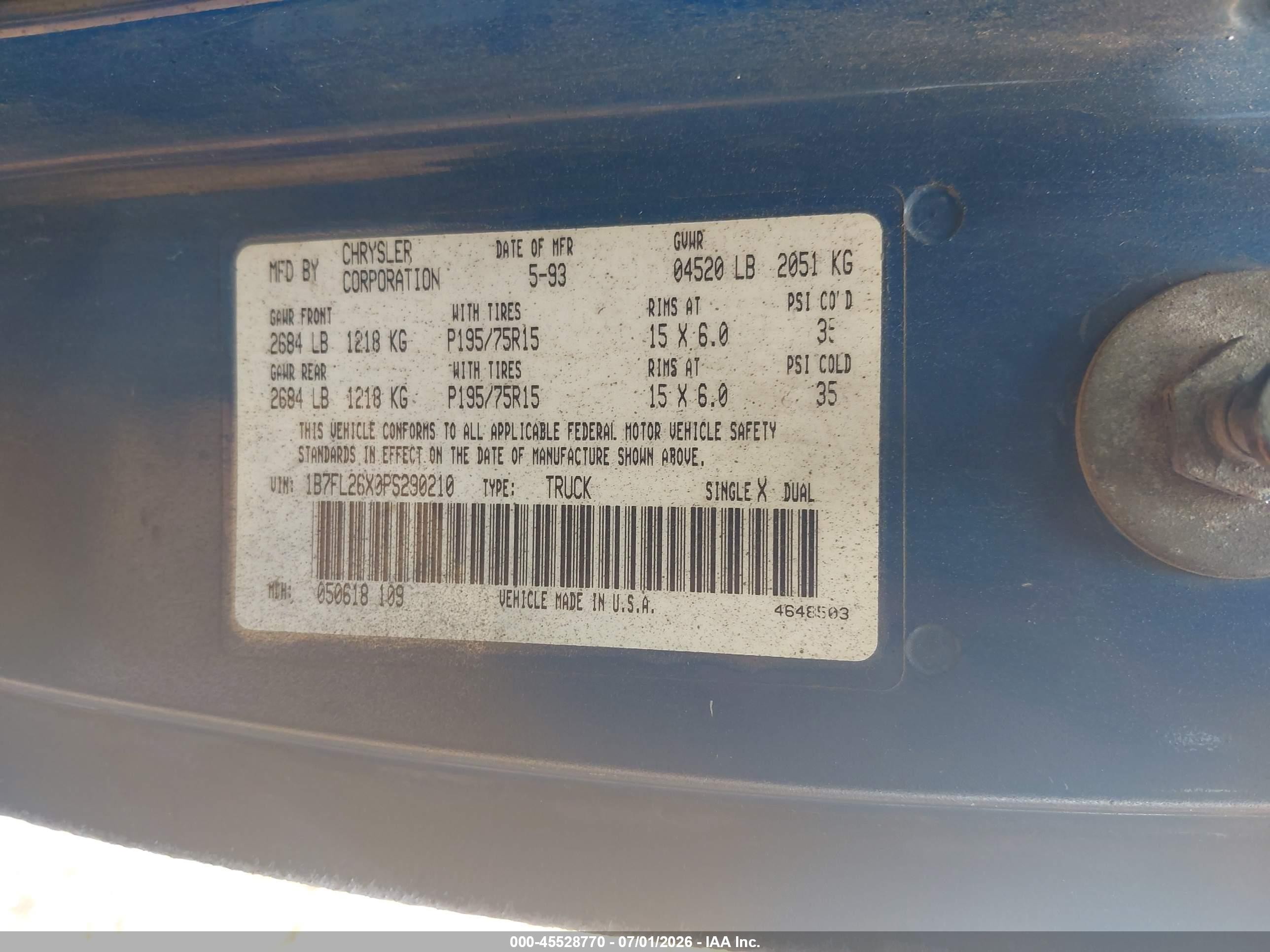 1993 Dodge Dakota   Gray vin: 1B7FL26X0PS290210