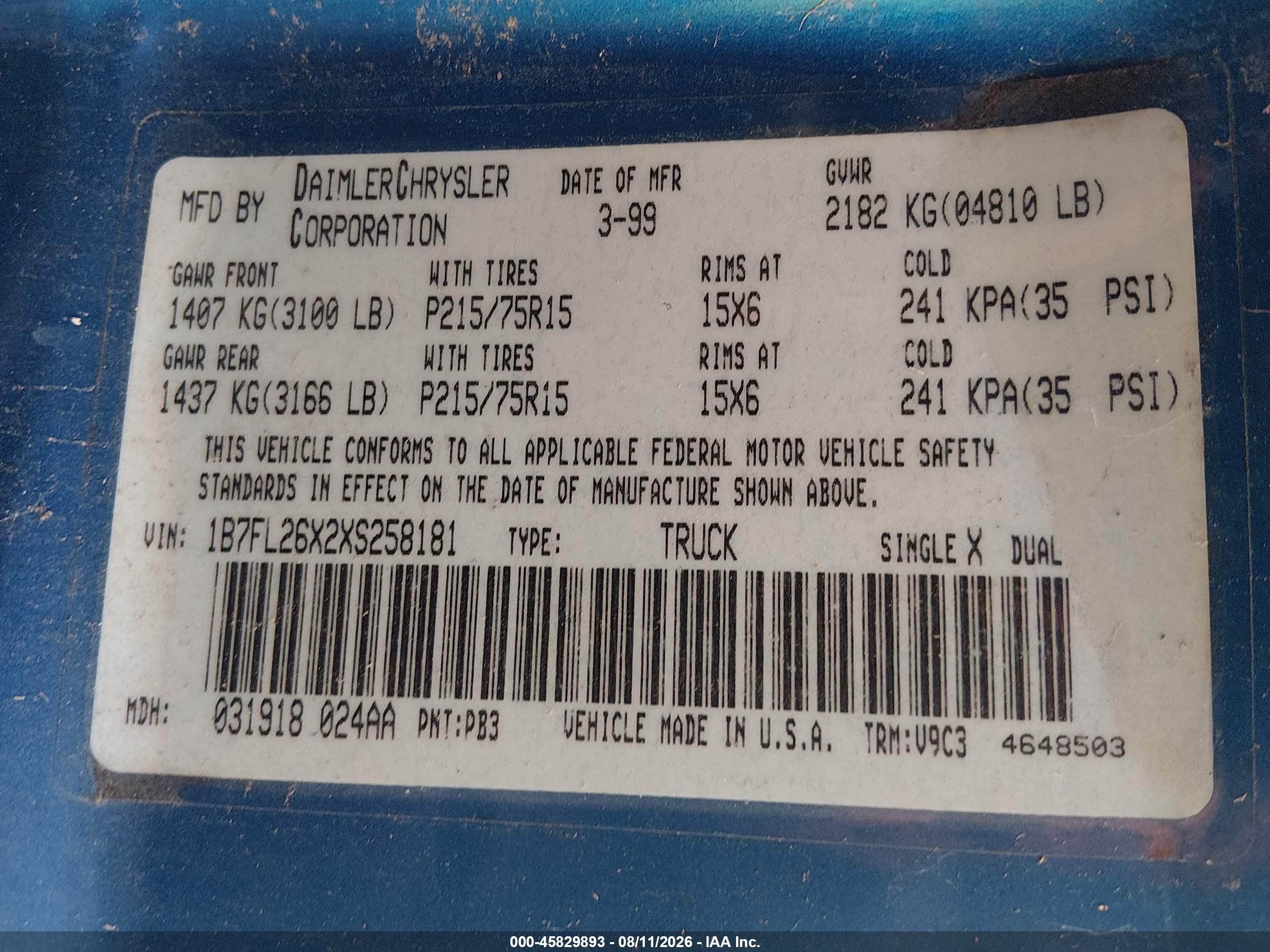 1999 Dodge Dakota Slt/sport Blue vin: 1B7FL26X2Xs258181