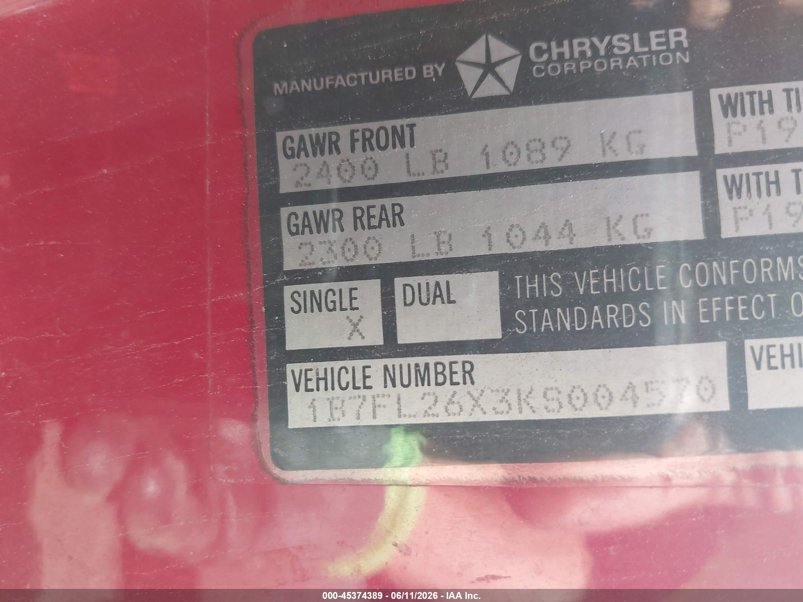 1989 Dodge Dakota   Red vin: 1B7FL26X3KS004570