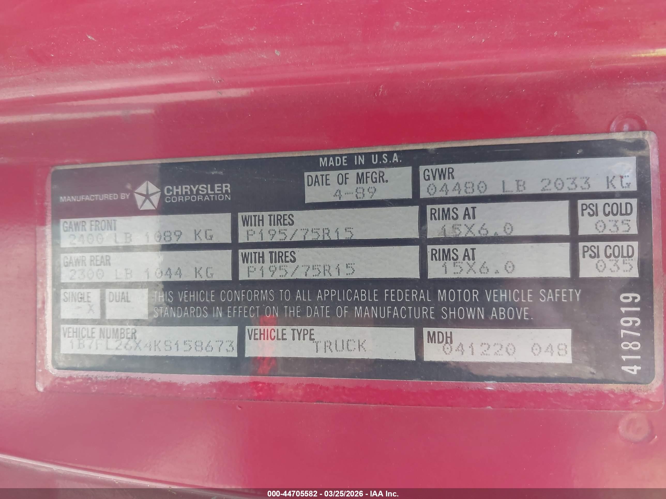 1989 Dodge Dakota   Red vin: 1B7FL26X4KS158673