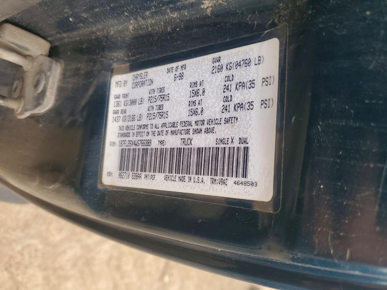 1998 Dodge Dakota Green vin: 1B7FL26X4WS766389