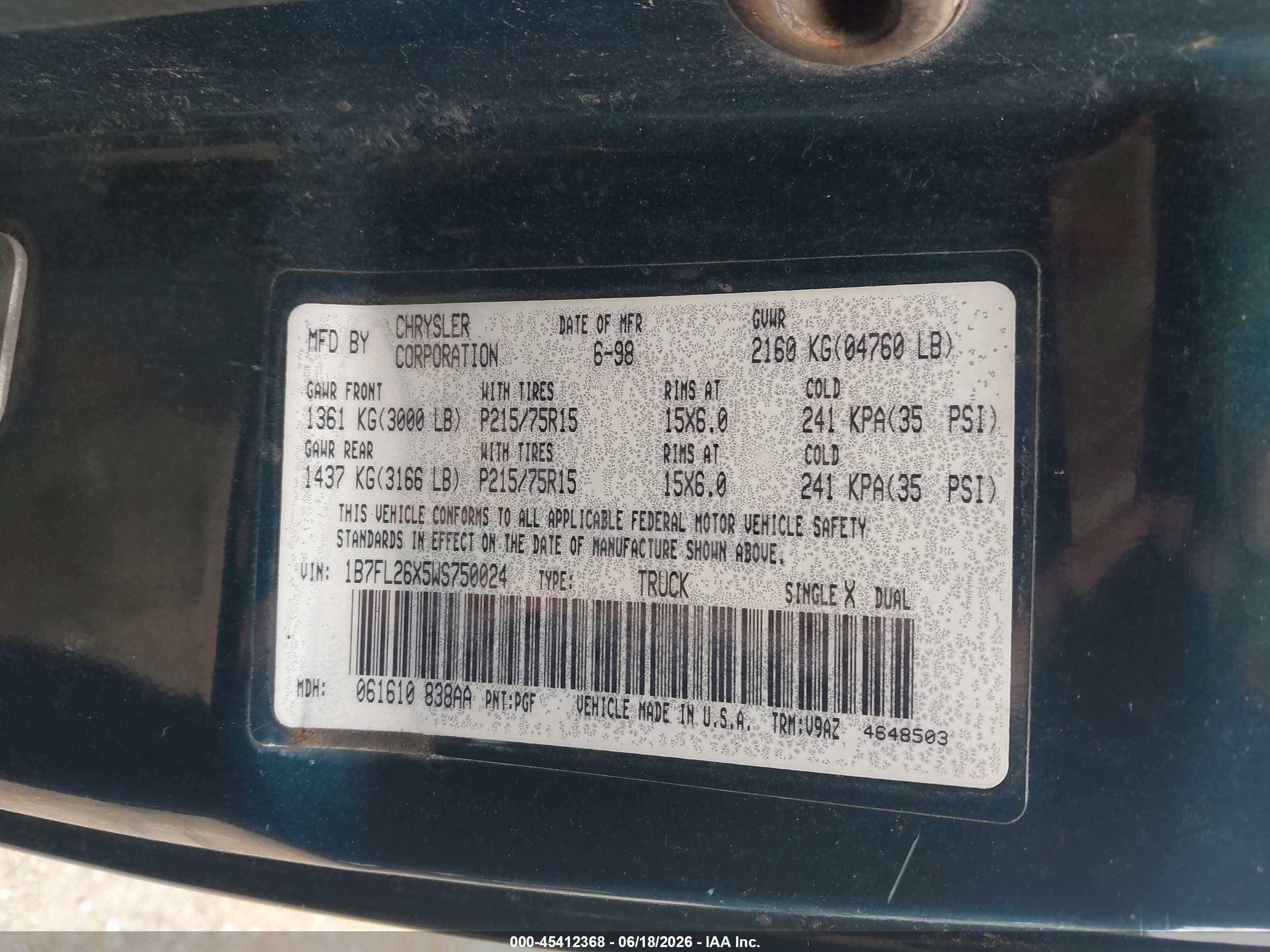 1998 Dodge Dakota Slt/sport Green vin: 1B7FL26X5WS750024