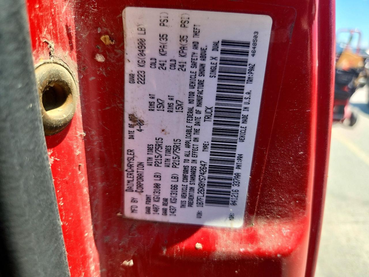 2000 Dodge Dakota Red vin: 1B7FL26X8YS742647