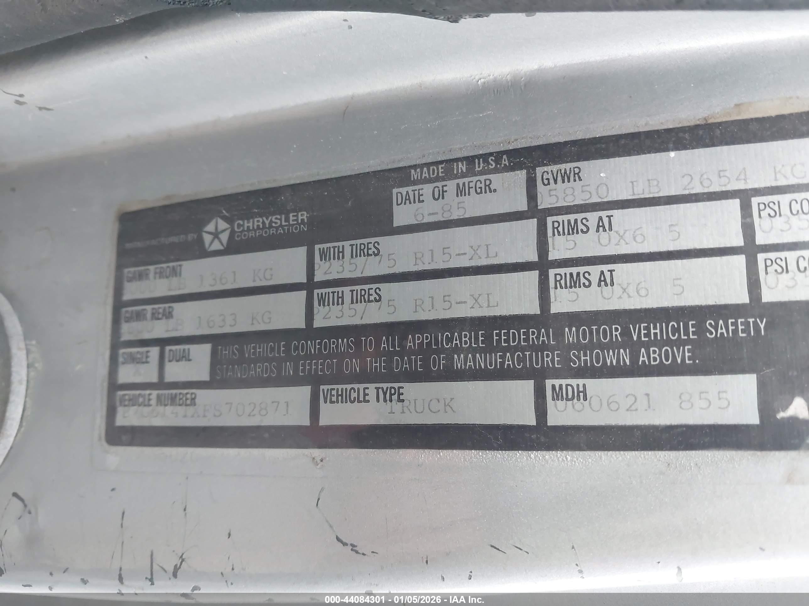 1985 Dodge D-series D100/d150 Gray vin: 1B7GD14TXFS702871