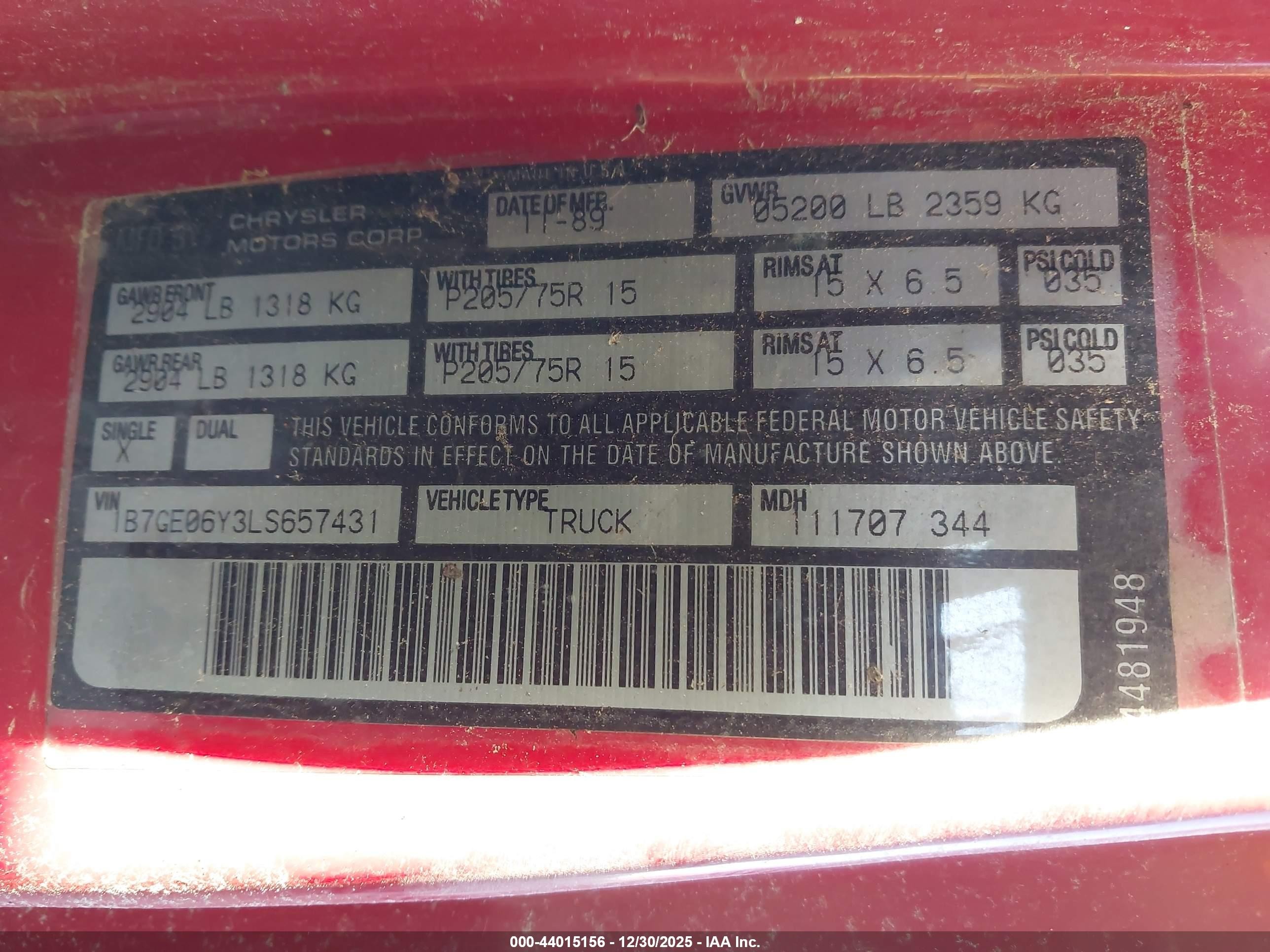 1990 Dodge D-series D150s Красный vin: 1B7GE06Y3LS657431