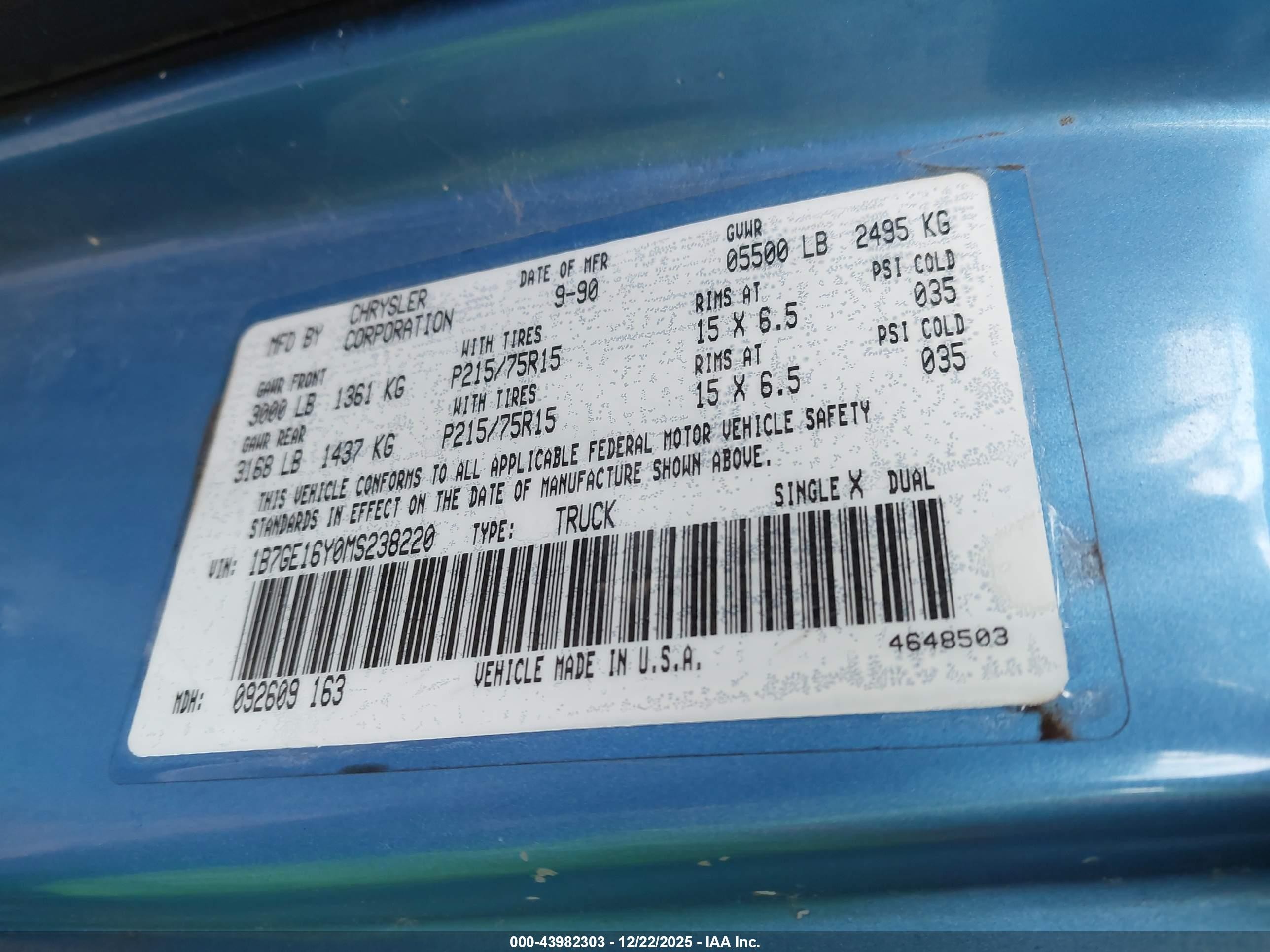1991 Dodge D-series D150 Blue vin: 1B7GE16Y0MS238220