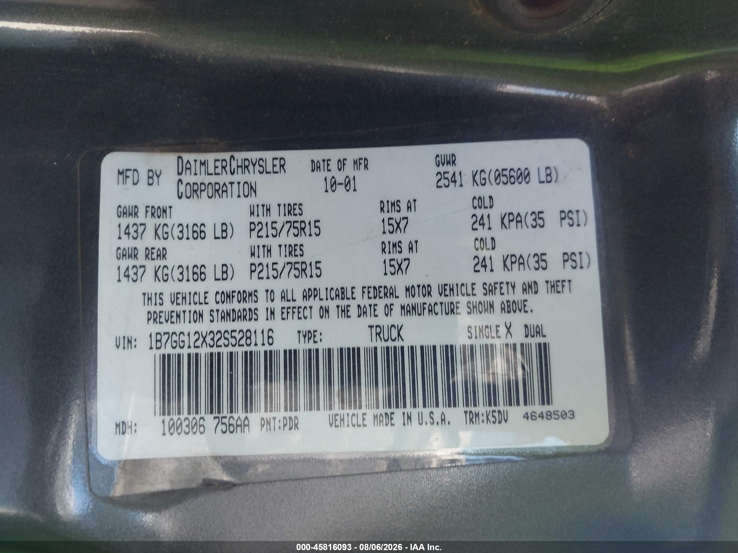 2002 Dodge Dakota   Gray vin: 1B7GG12X32S528116