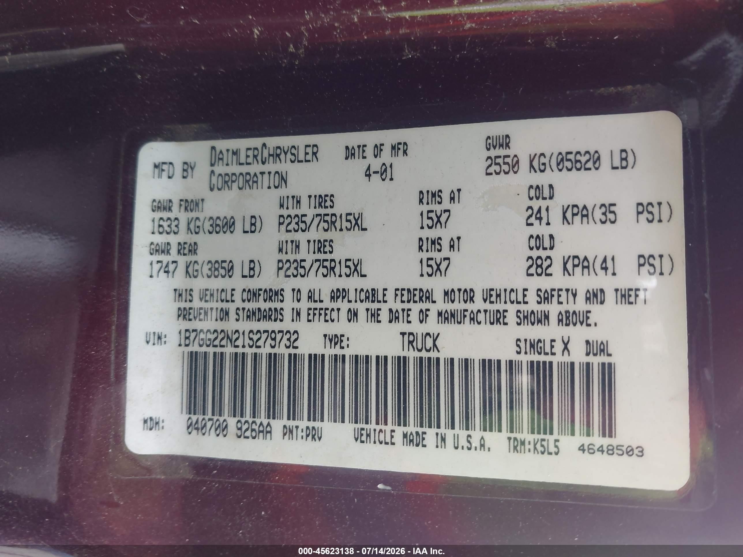 2001 Dodge Dakota Slt/sport Maroon vin: 1B7GG22N21S279732