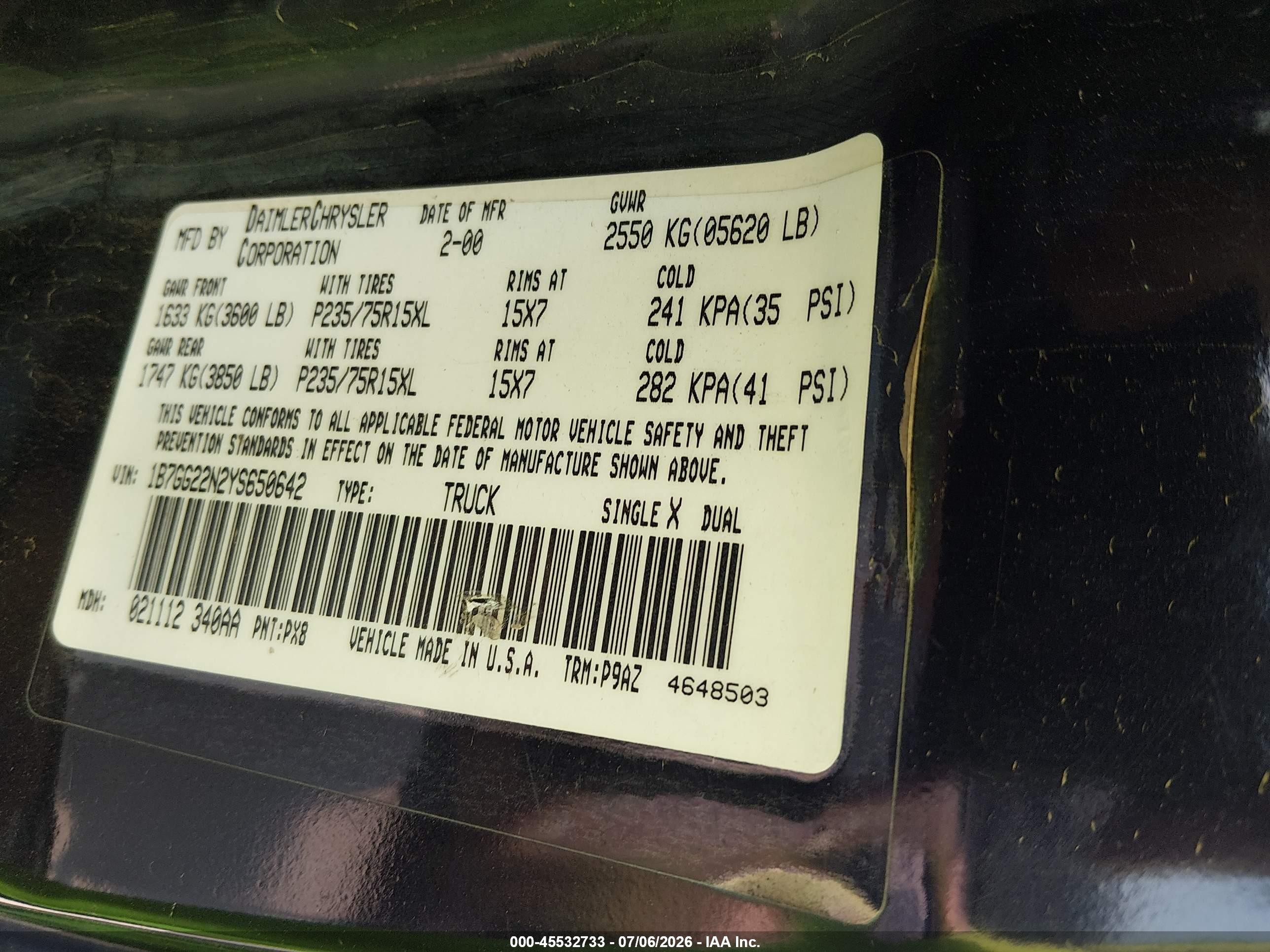 2000 Dodge Dakota Slt/sport Черный vin: 1B7GG22N2YS650642