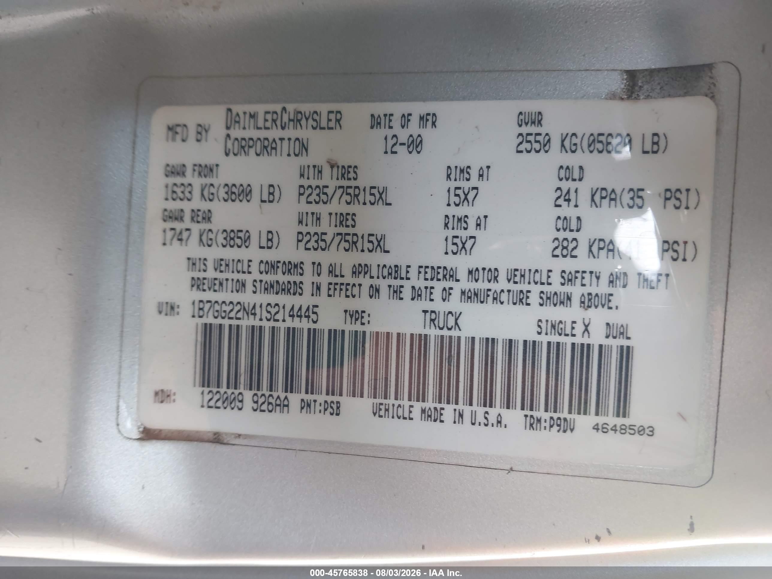 2001 Dodge Dakota Slt/sport Silver vin: 1B7GG22N41S214445
