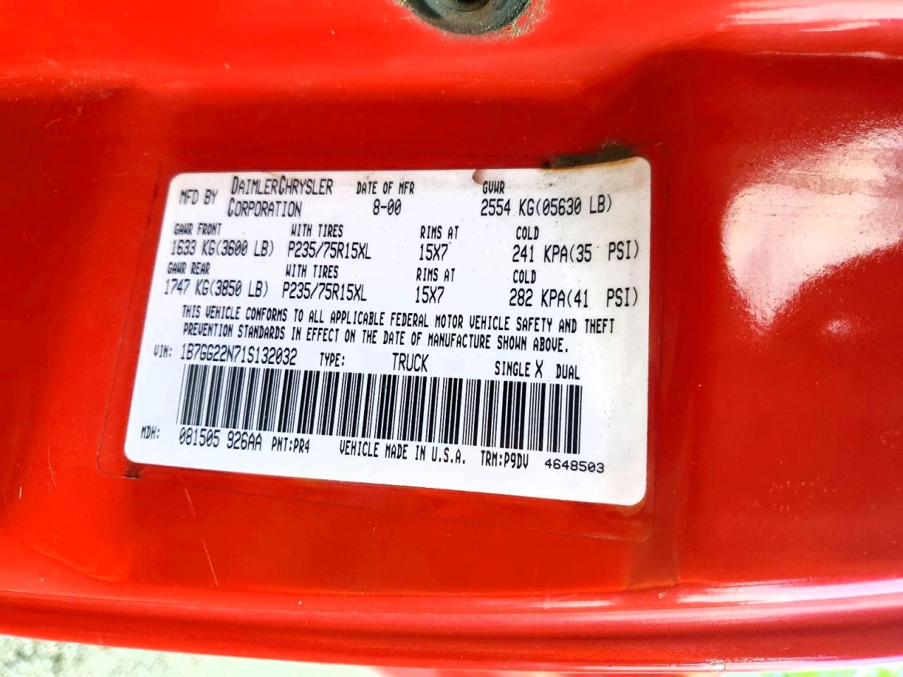 2001 Dodge Dakota Red vin: 1B7GG22N71S132032