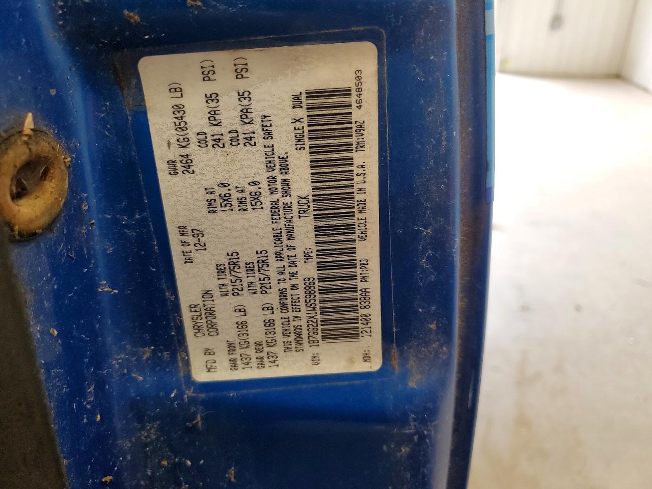 1998 Dodge Dakota Blue vin: 1B7GG22X1WS598869