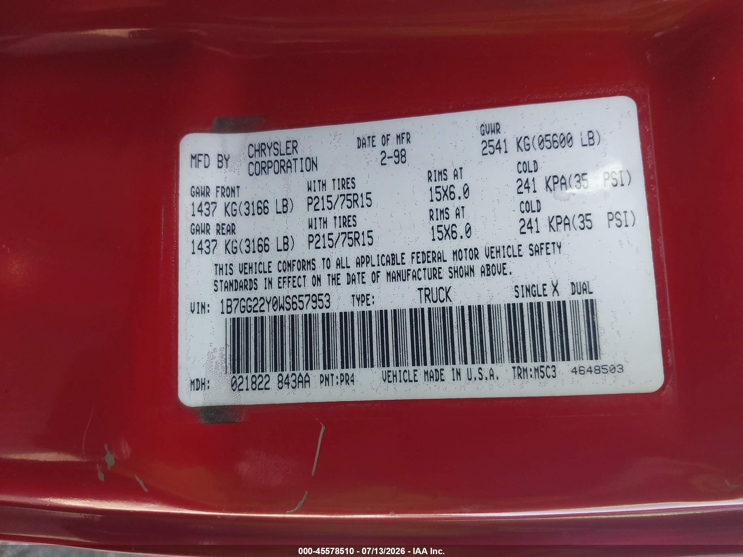 1998 Dodge Dakota Slt/sport Red vin: 1B7GG22Y0WS657953