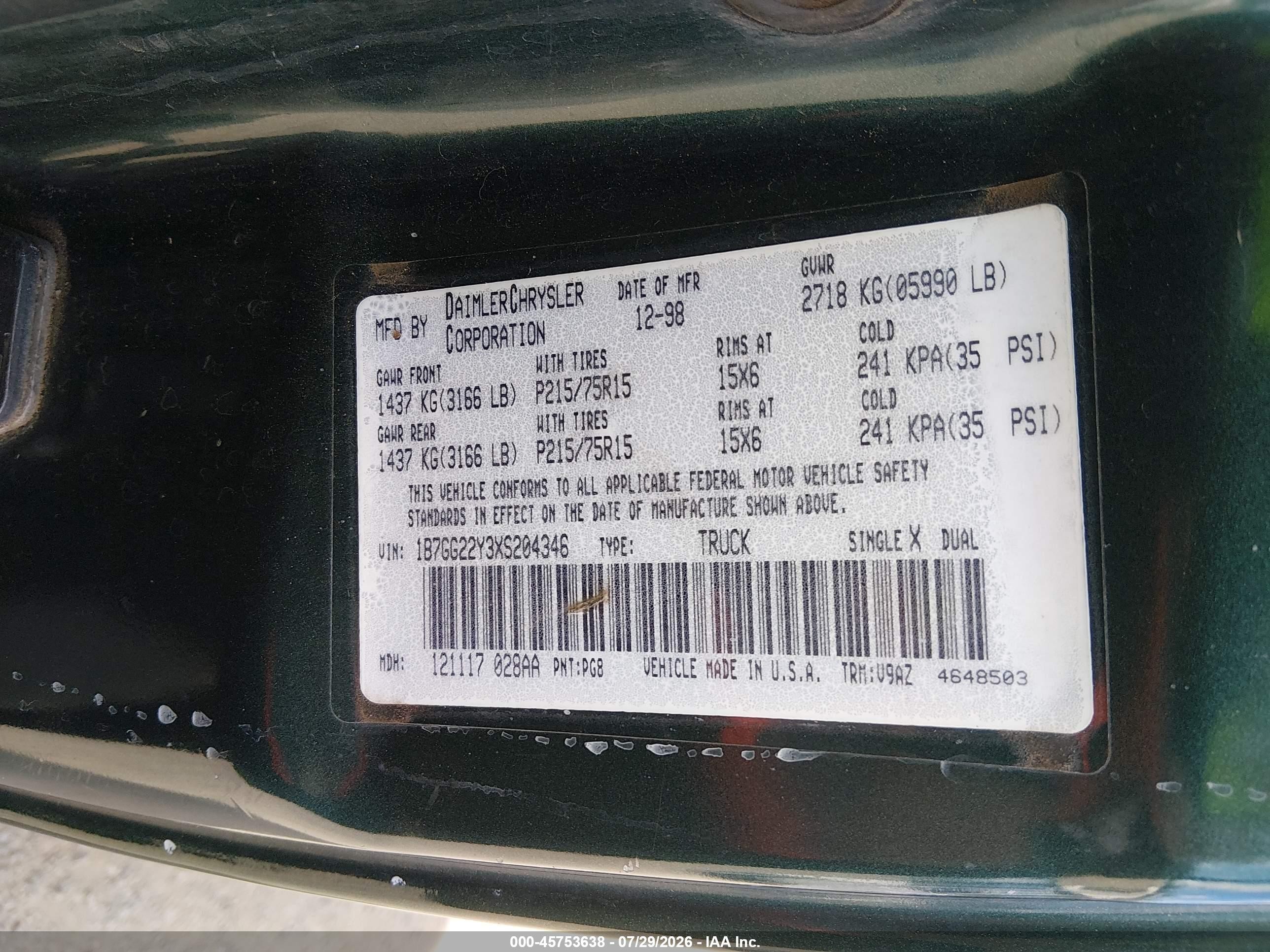 1999 Dodge Dakota Slt/sport Green vin: 1B7GG22Y3XS204346