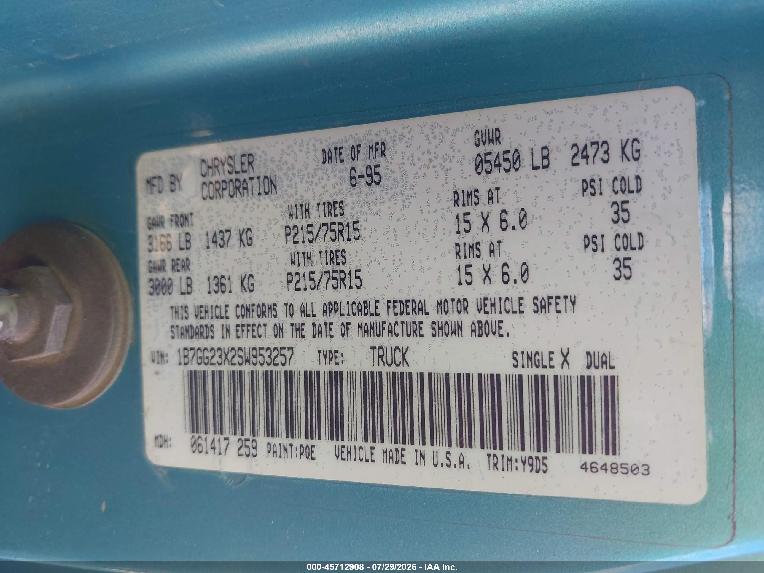 1995 Dodge Dakota   Light Blue vin: 1B7GG23X2SW953257
