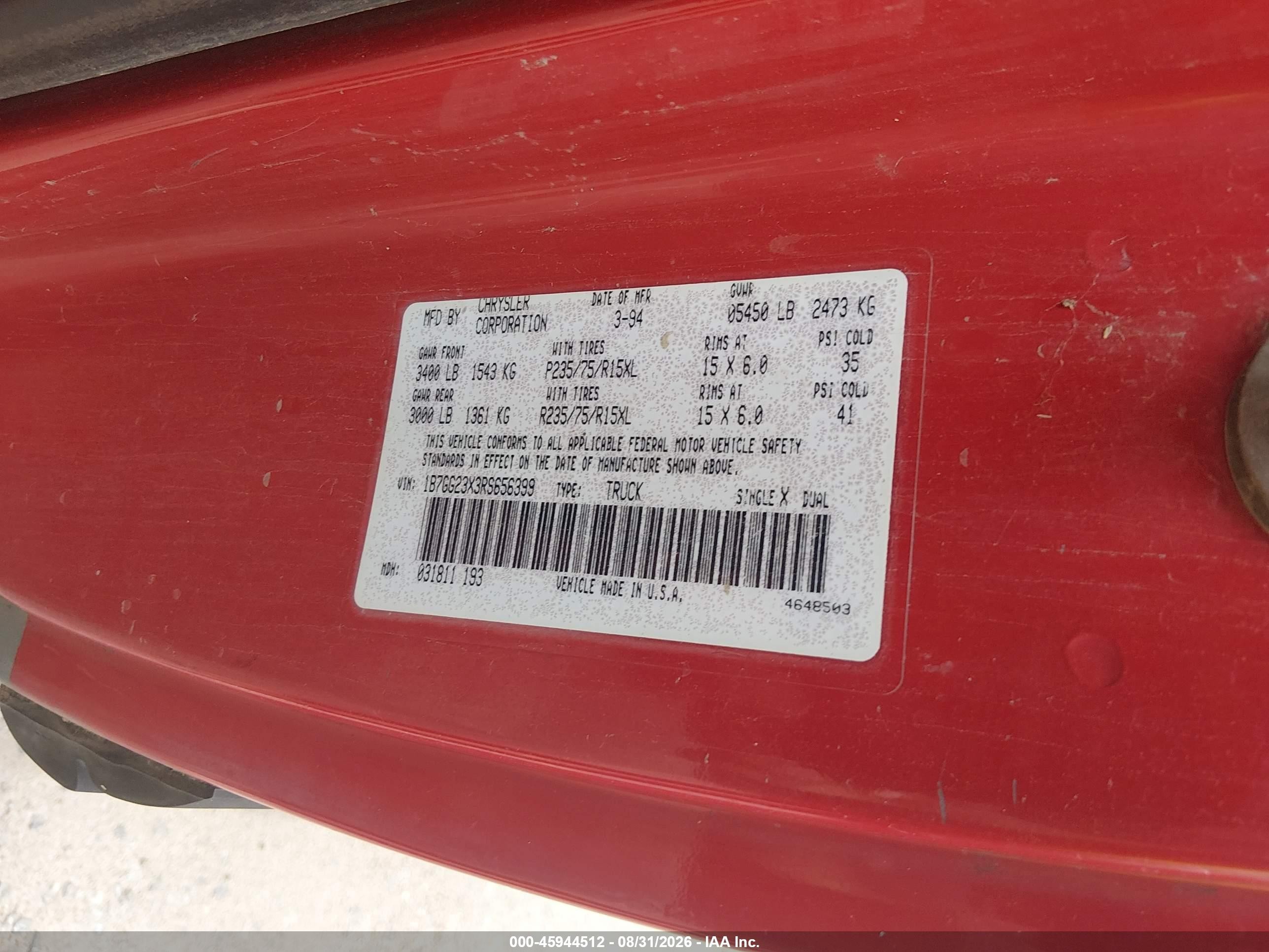 1994 Dodge Dakota Red vin: 1B7GG23X3RS656399