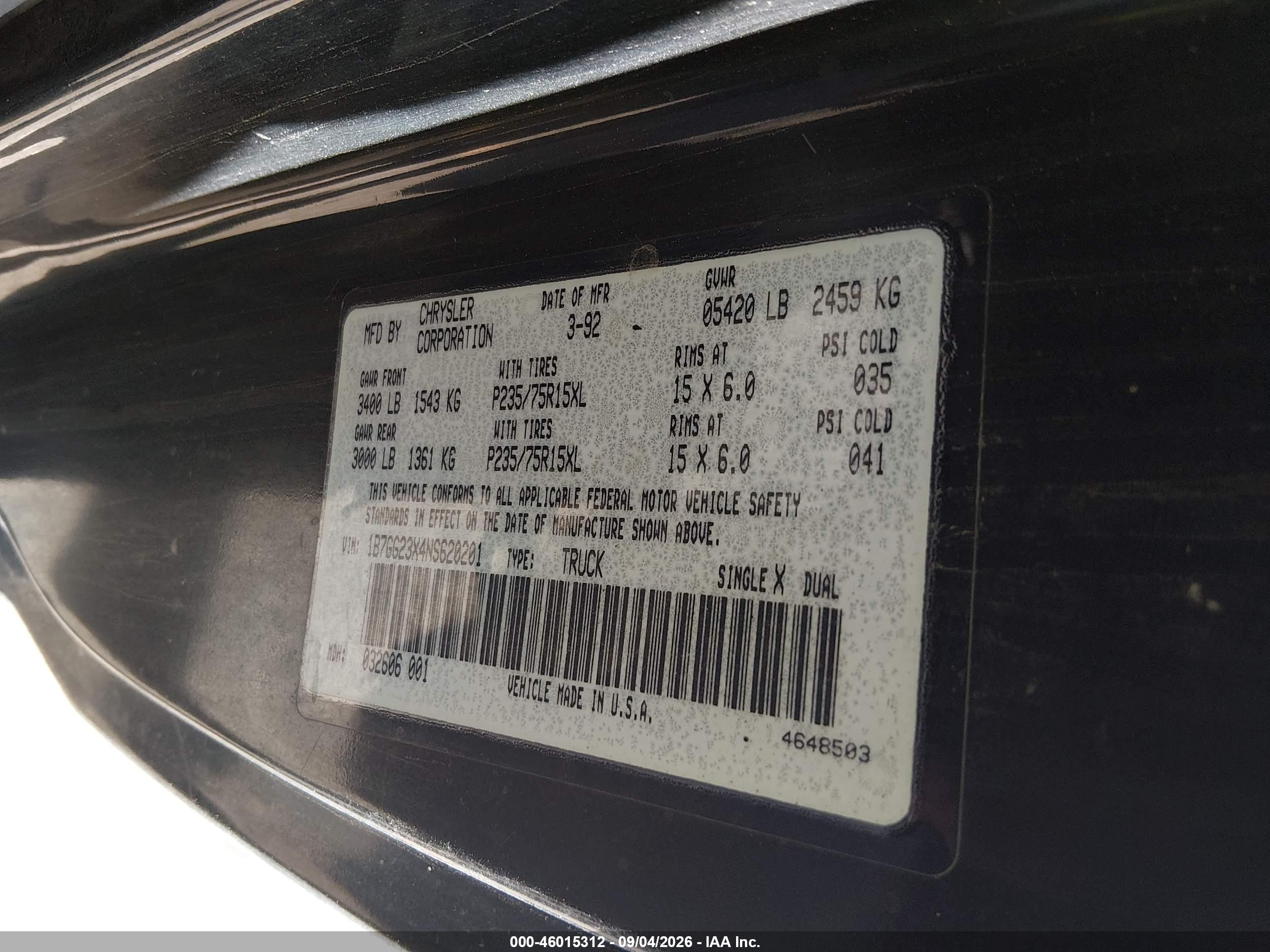 1992 Dodge Dakota   Black vin: 1B7GG23X4NS620201