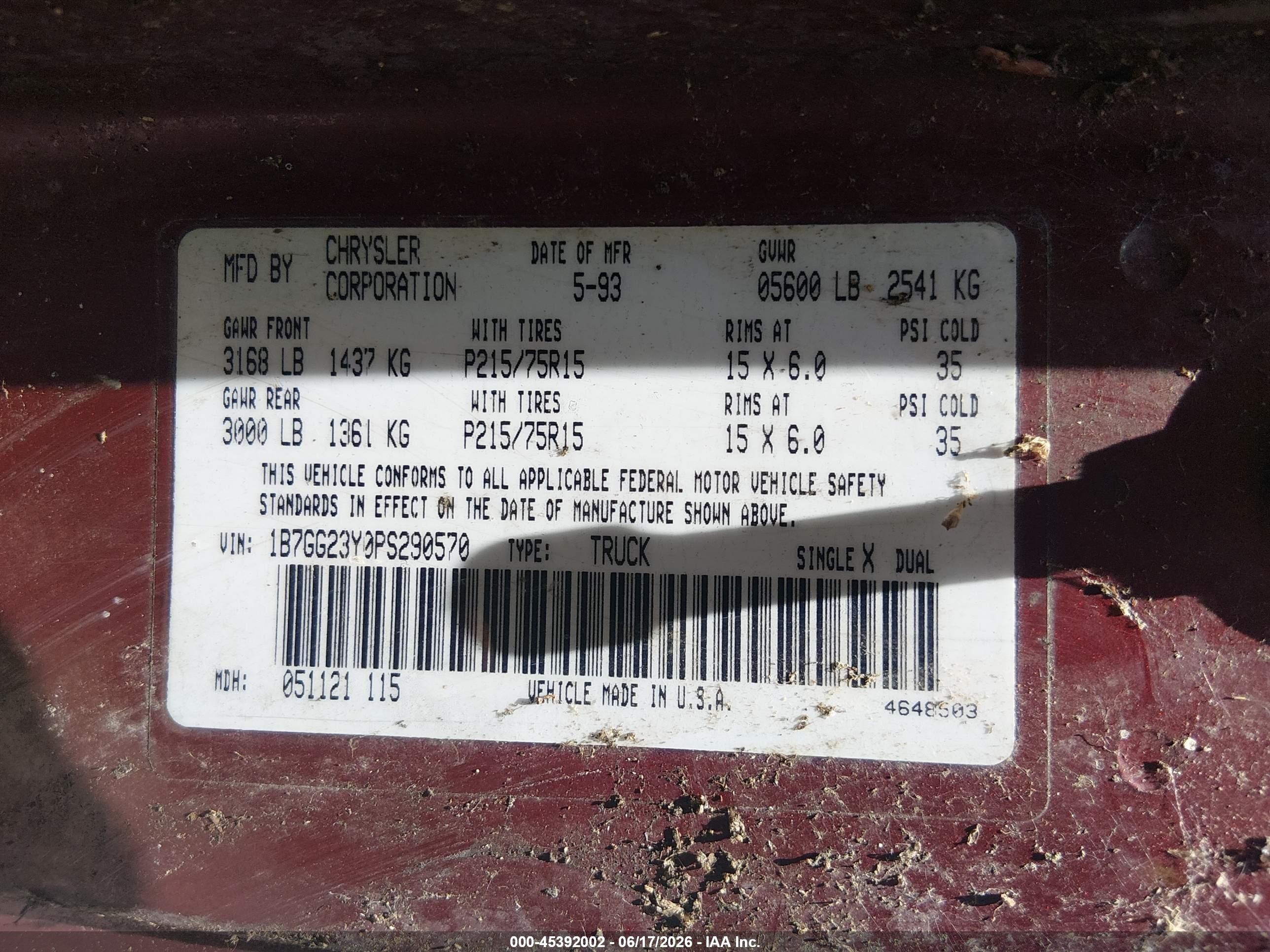 1993 Dodge Dakota   Burgundy vin: 1B7GG23Y0PS290570