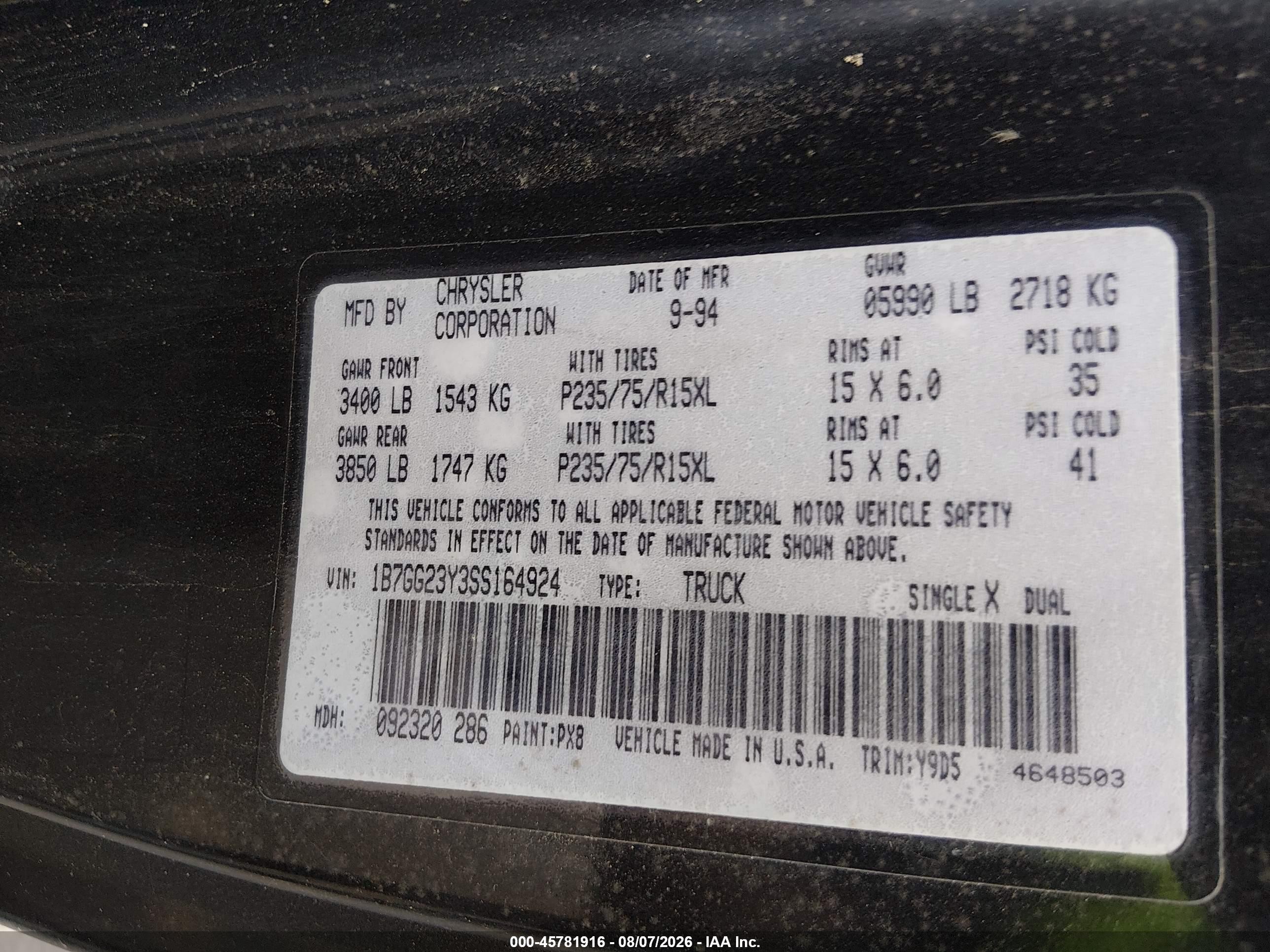1995 Dodge Dakota Black vin: 1B7GG23Y3SS164924