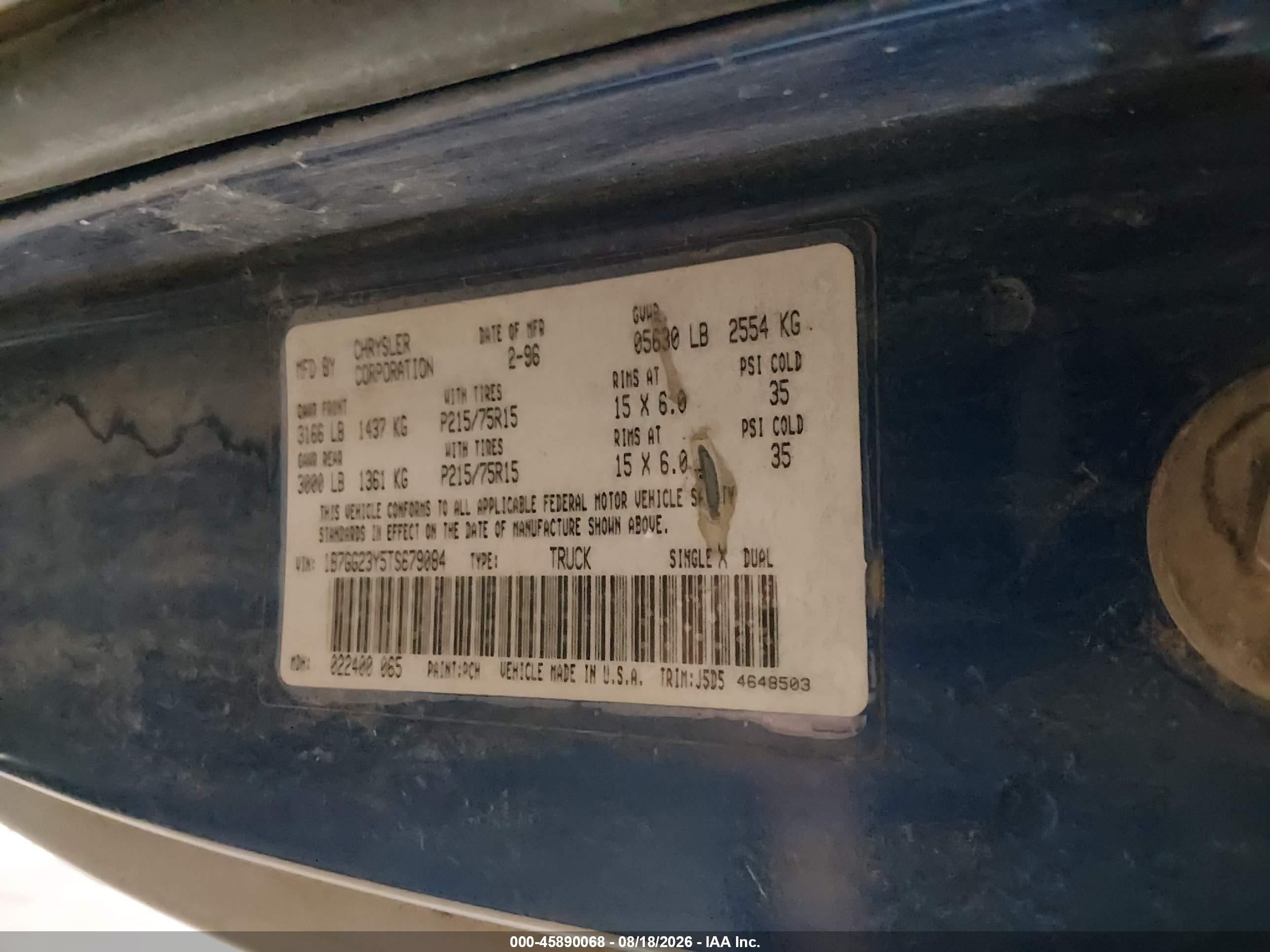 1996 Dodge Dakota   Blue vin: 1B7GG23Y5TS679084
