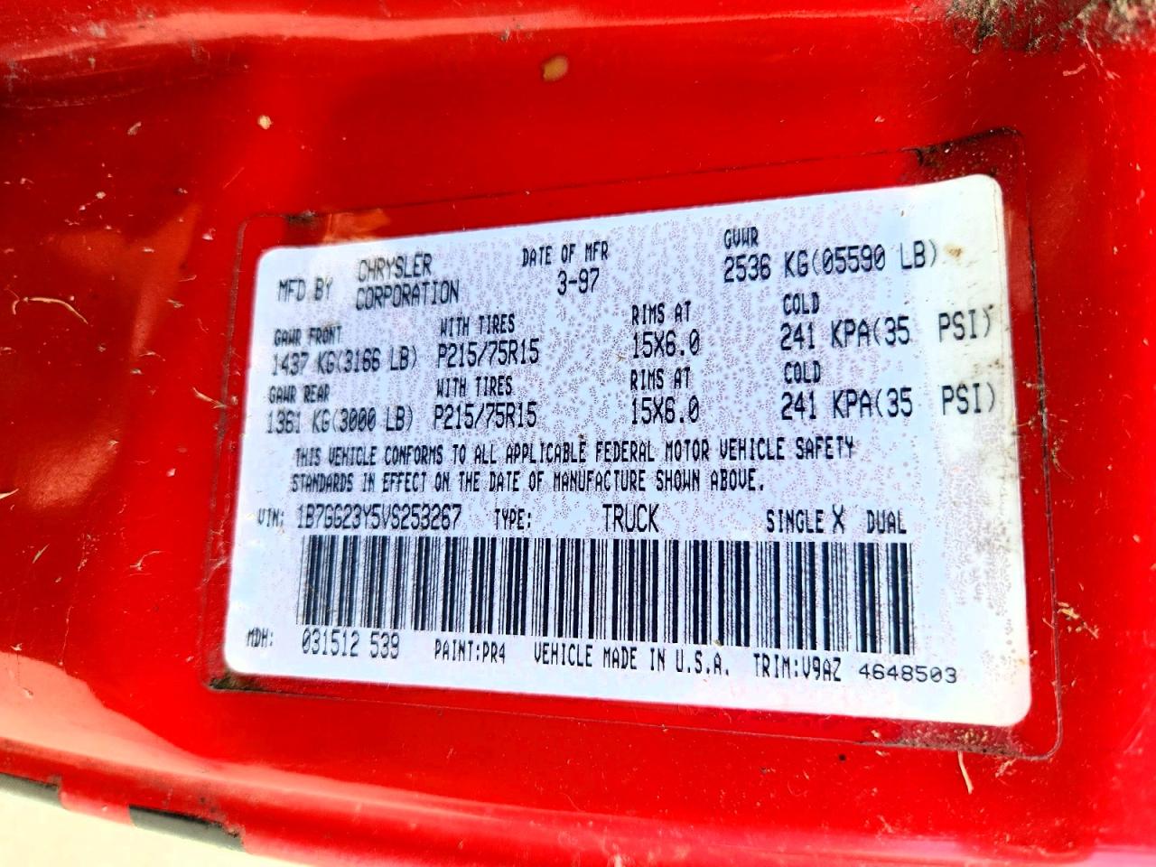 1997 Dodge Dakota Red vin: 1B7GG23Y5VS253267
