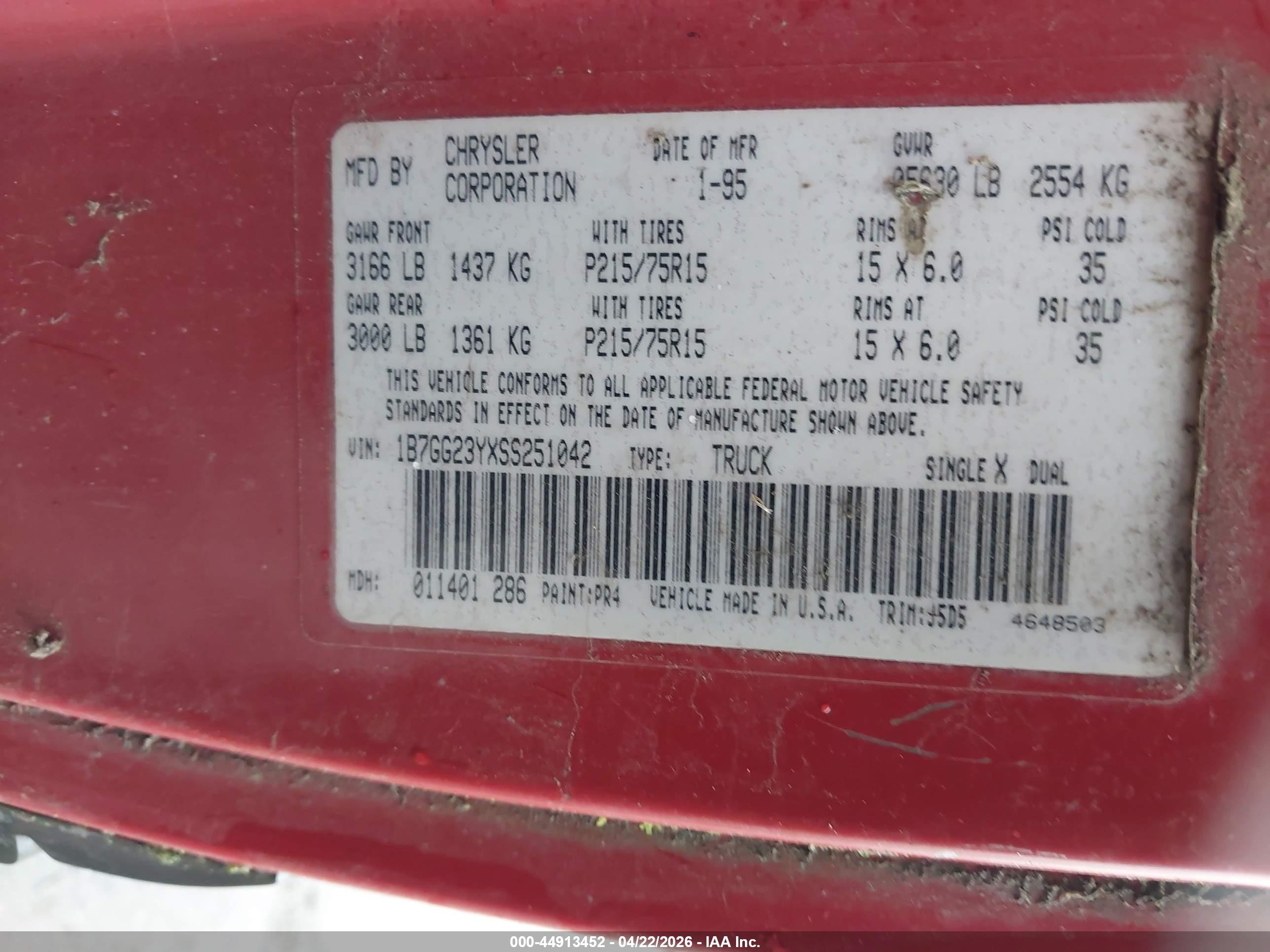 1995 Dodge Dakota   Red vin: 1B7GG23YXSS251042