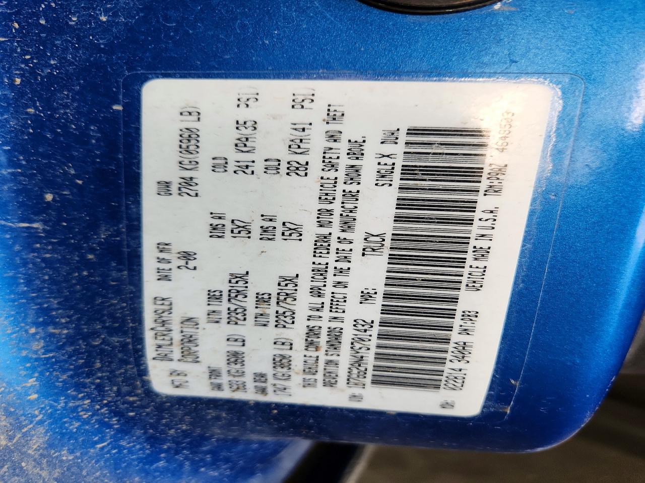 2000 Dodge Dakota Blue vin: 1B7GG2AN4YS701432