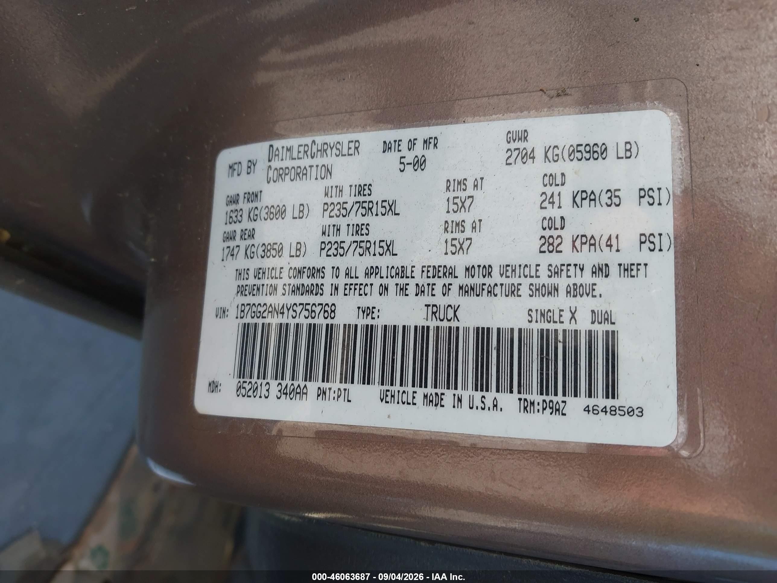 2000 Dodge Dakota Slt/sport Brown vin: 1B7GG2AN4YS756768